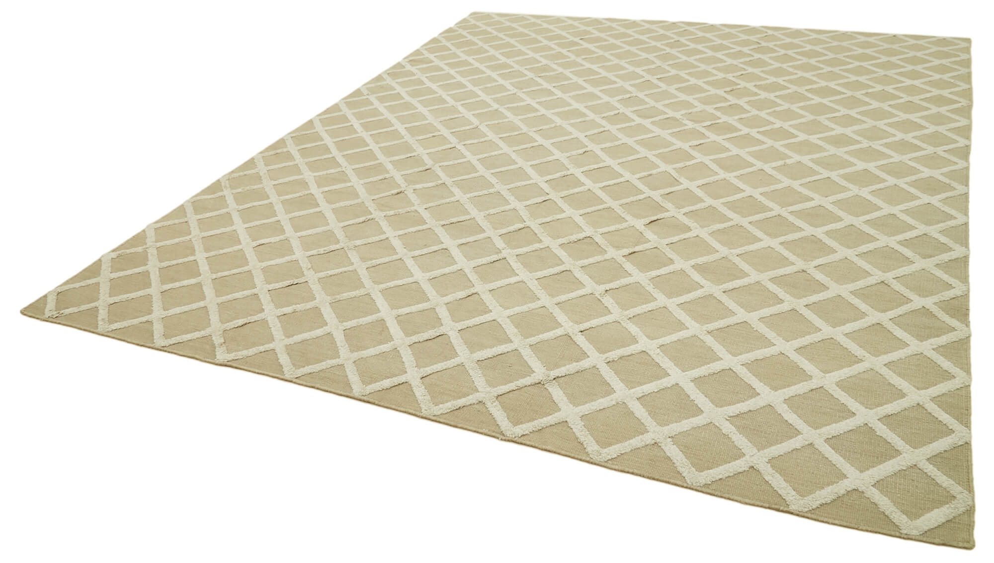 Handmade Wool Cotton Rug – Beige Geometric Area Rug 9x12, Soft Durable Carpet