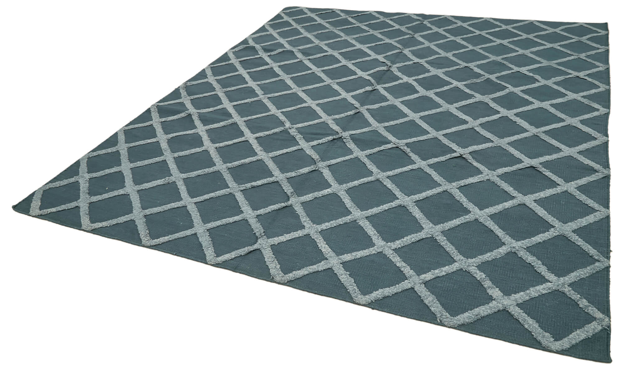 Handmade Wool Cotton Rug - Blue Geometric Area Rug 8x10 Vintage Wool Carpet