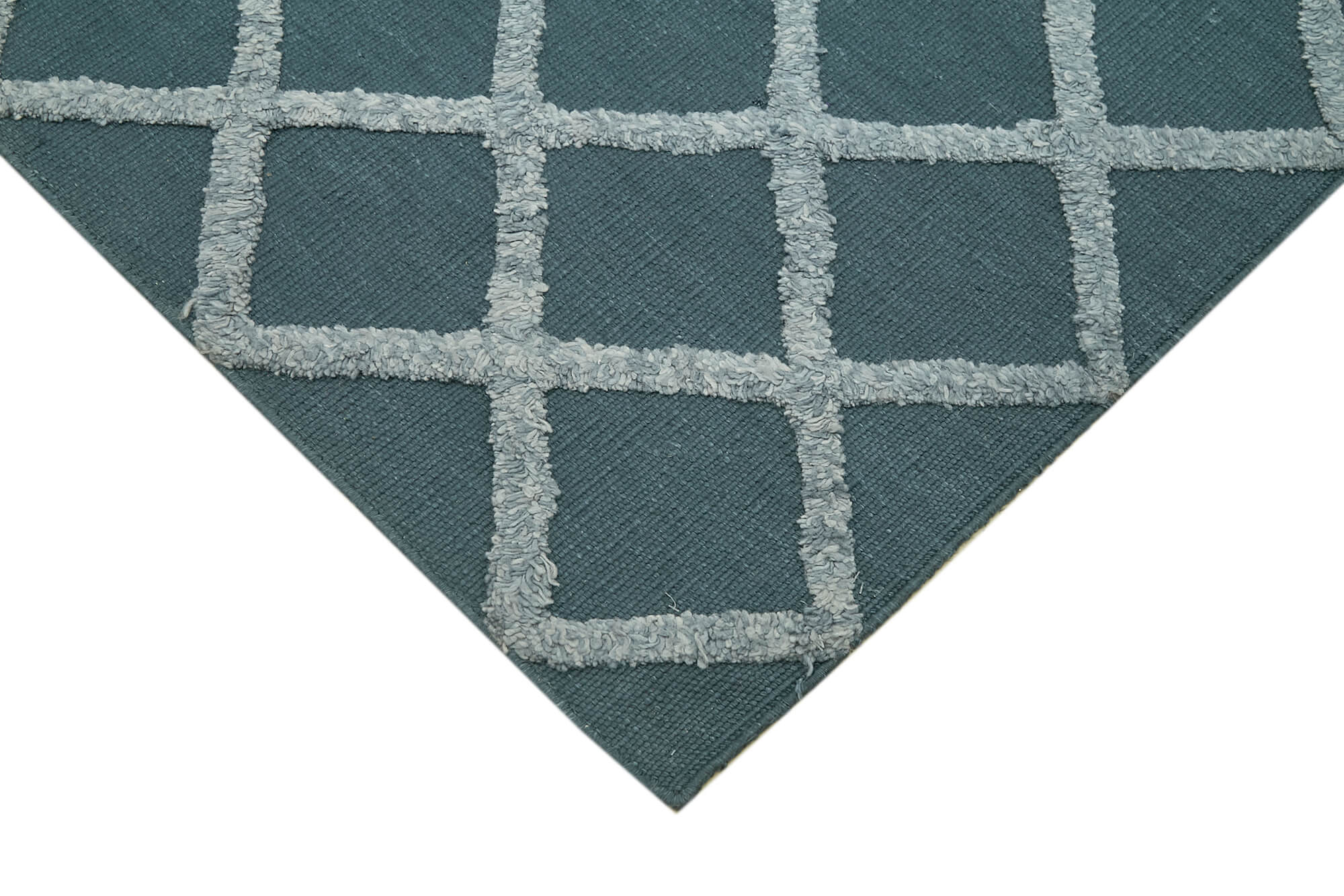 Handmade Wool Cotton Rug - Blue Geometric Area Rug 8x10 Vintage Wool Carpet