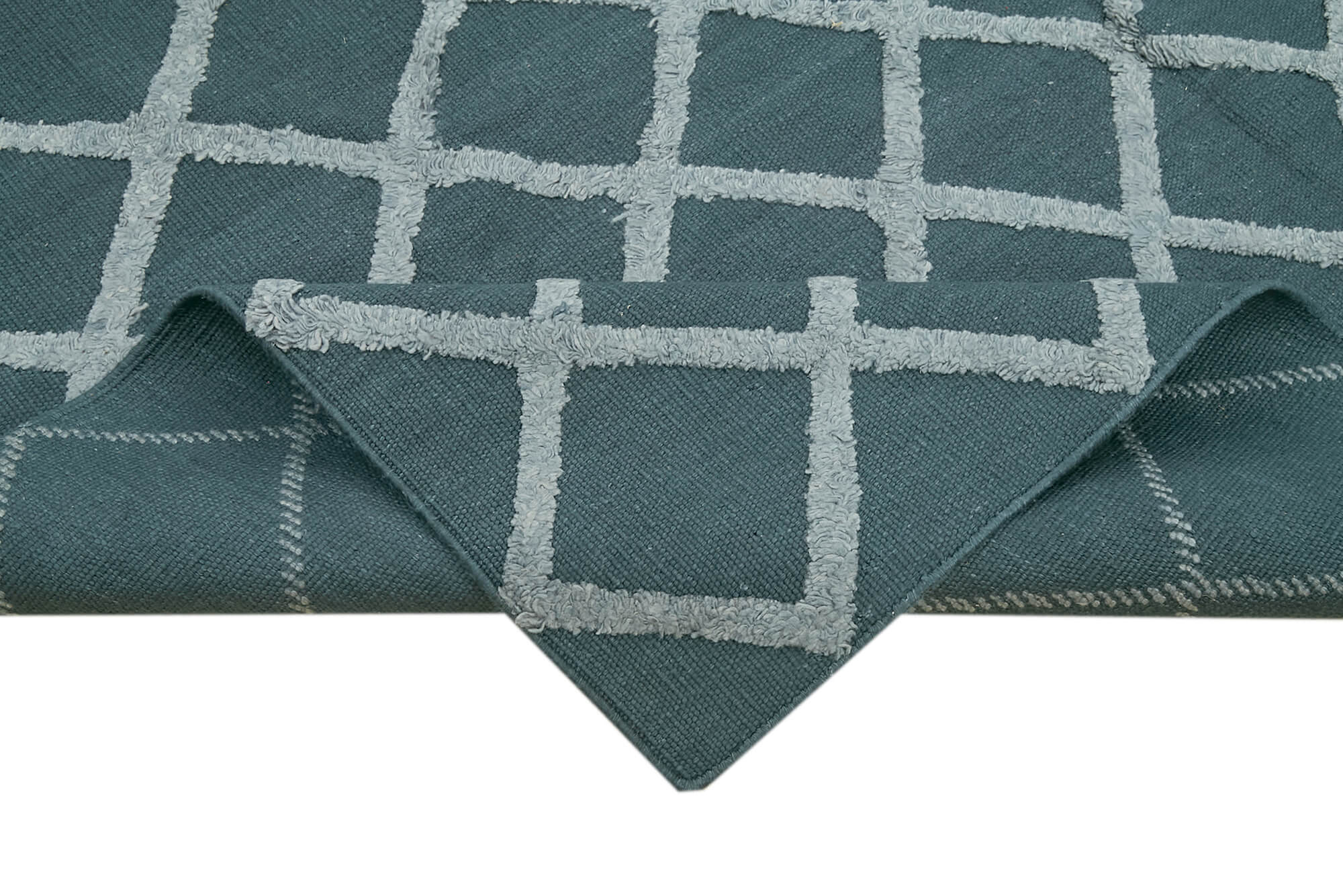 Handmade Wool Cotton Rug - Blue Geometric Area Rug 8x10 Vintage Wool Carpet