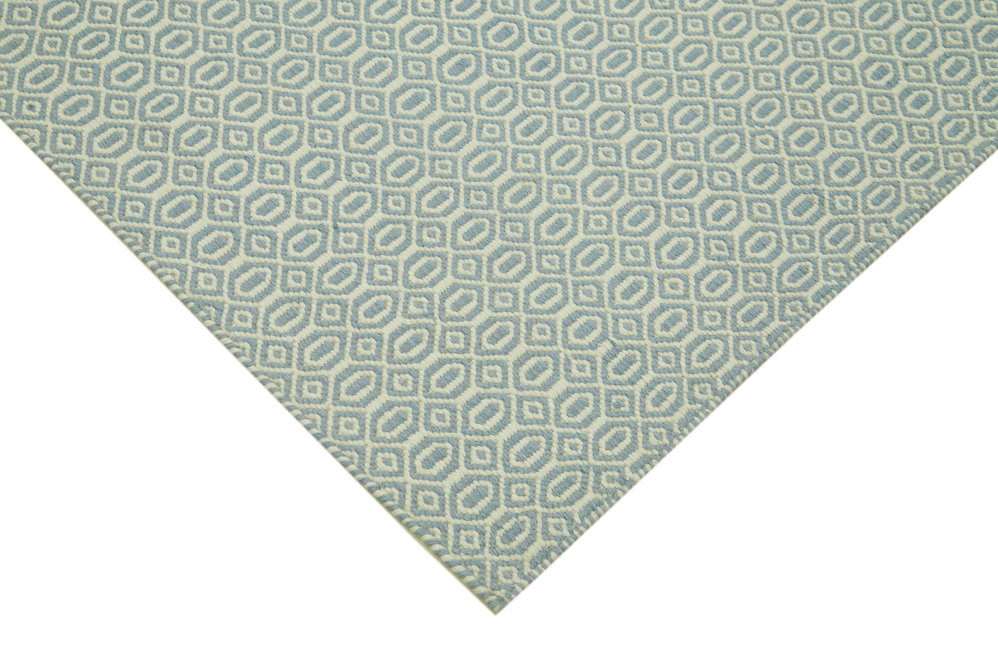 Handmade Wool Cotton Rug – Blue Geometric Area Rug 8x10, Durable Cotton Blend