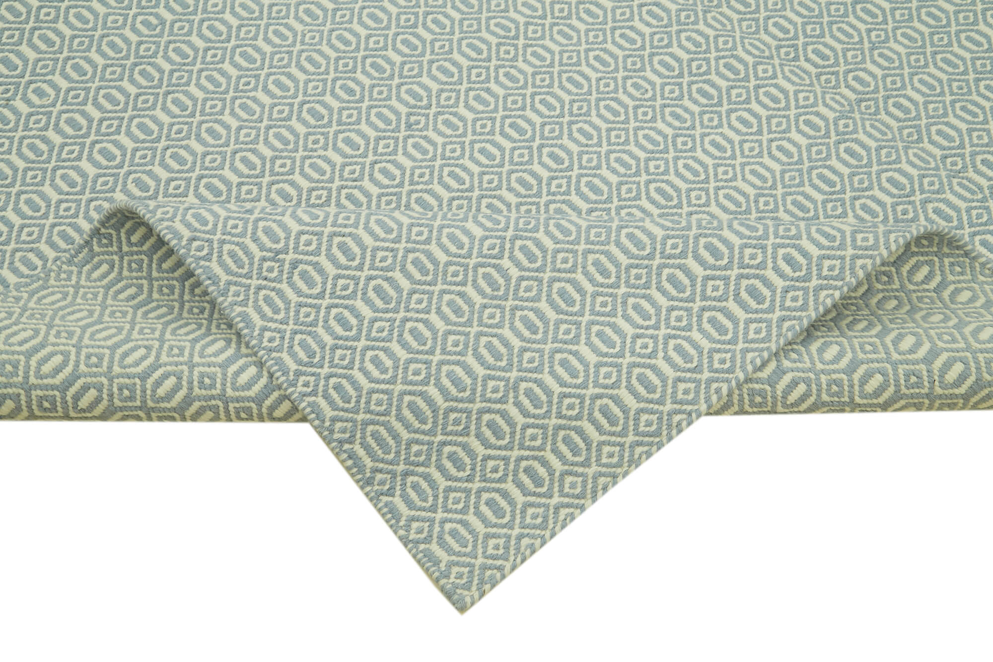 Handmade Wool Cotton Rug – Blue Geometric Area Rug 8x10, Durable Cotton Blend