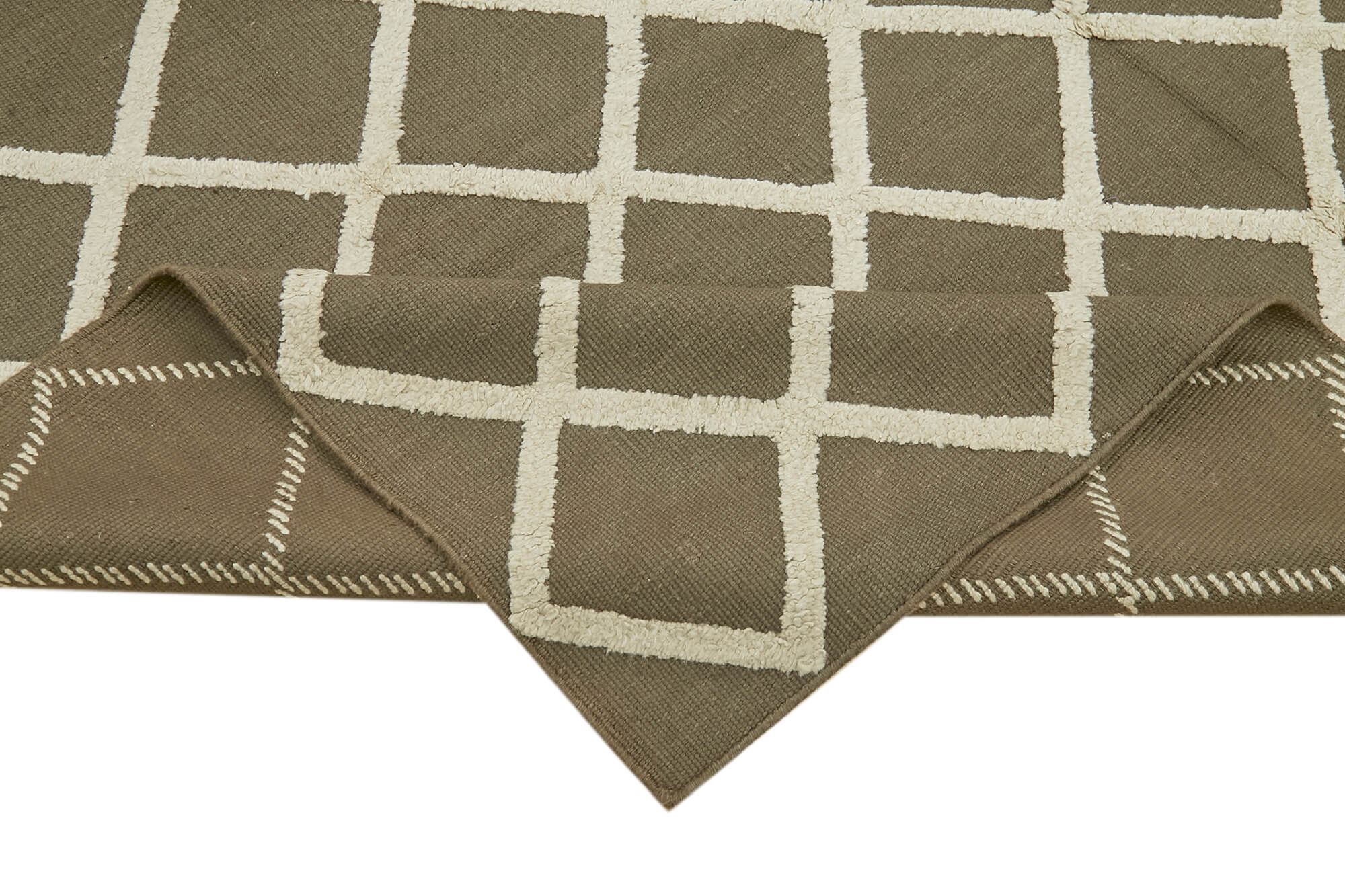 Handmade Wool Cotton Rug - Brown Geometric Area Rug | Soft Wool Floor Covering