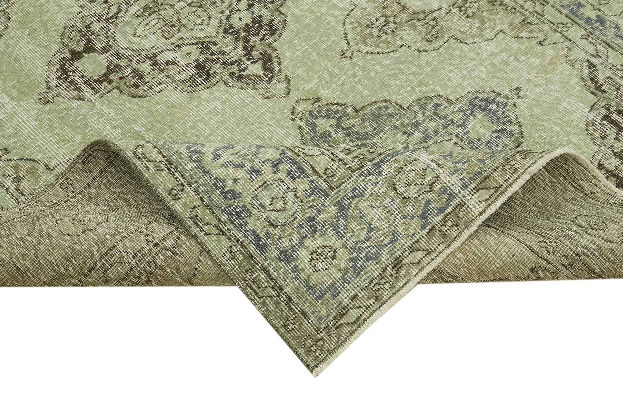 Handmade Vintage Area Rug - Green Cotton Wool Carpet, Turkish Hand Woven Rug 4'11''x11'1''