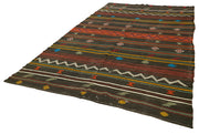 Handmade Kilim Rug - Black Striped Kilim Vintage Turkish Wool Carpet 6'7''x11'3''