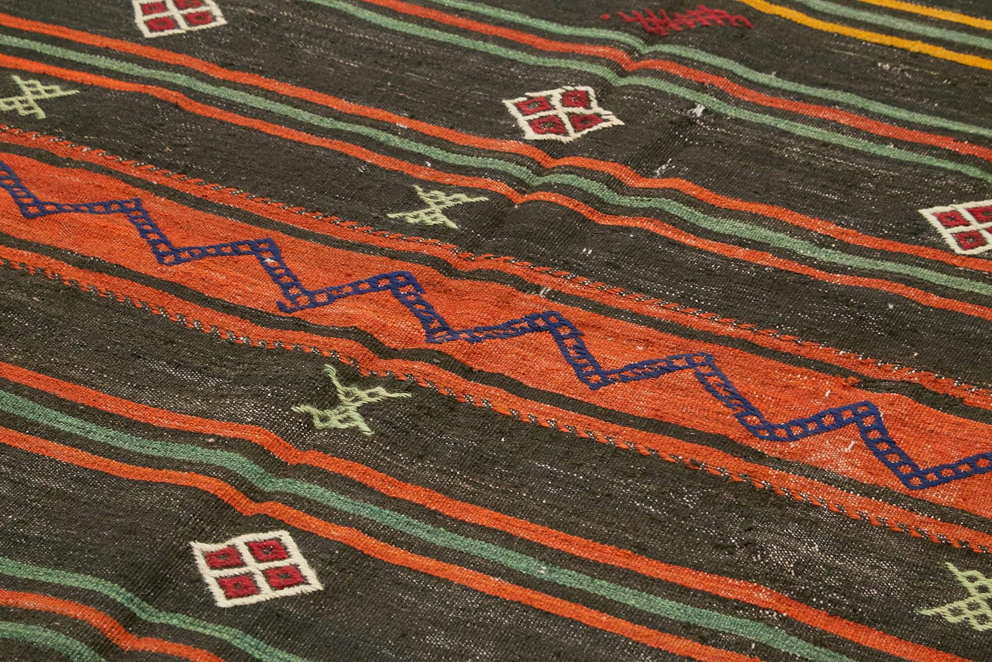 Handmade Kilim Rug - Black Striped Kilim Vintage Turkish Wool Carpet 6'7''x11'3''