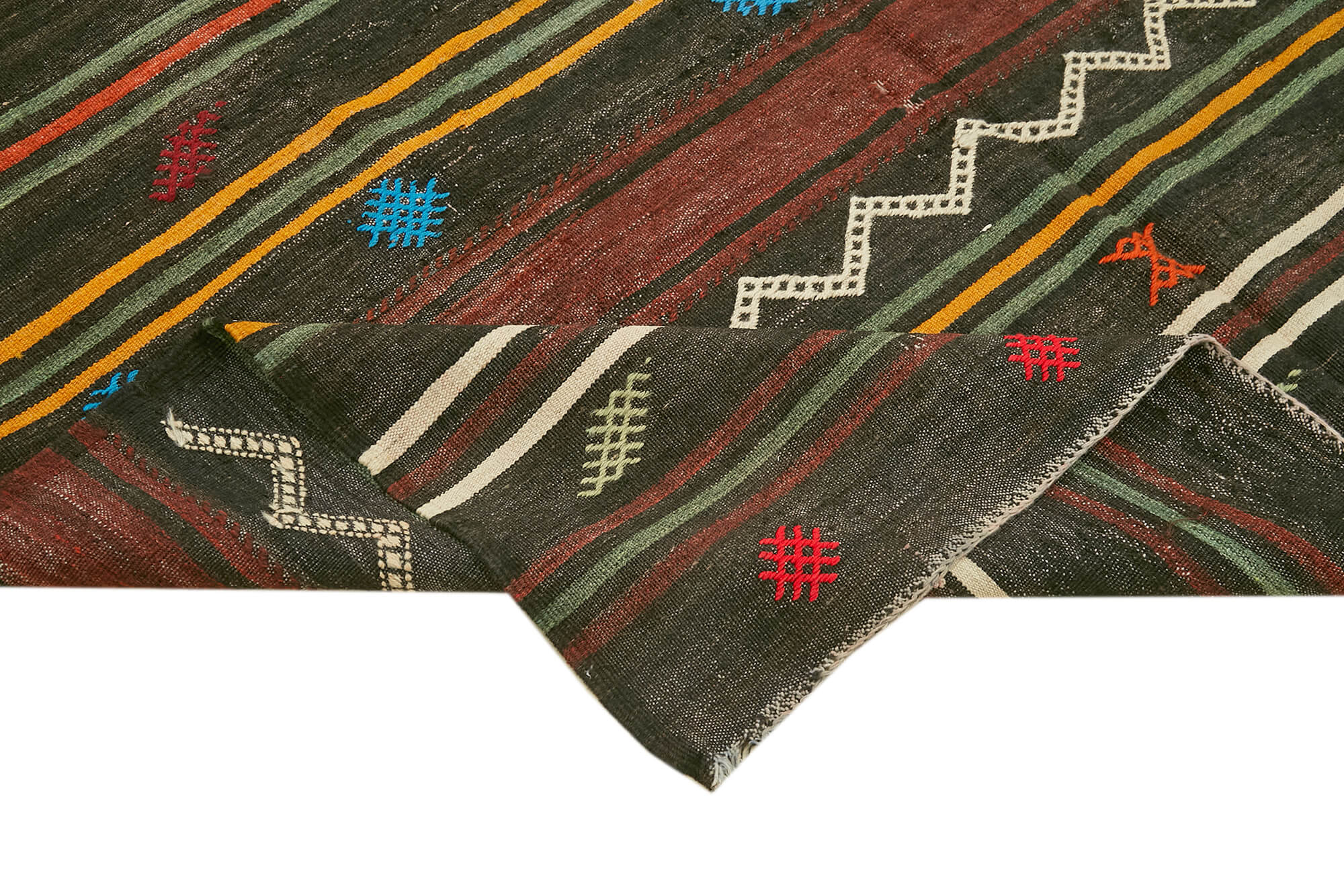 Handmade Kilim Rug - Black Striped Kilim Vintage Turkish Wool Carpet 6'7''x11'3''