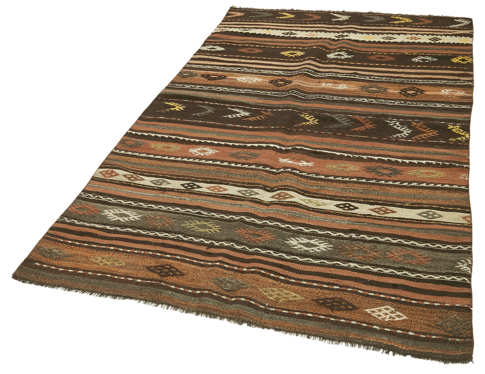 Handmade Kilim Rug – Brown Wool Striped Area Rug 4x8 Feet Flat Weave Carpet