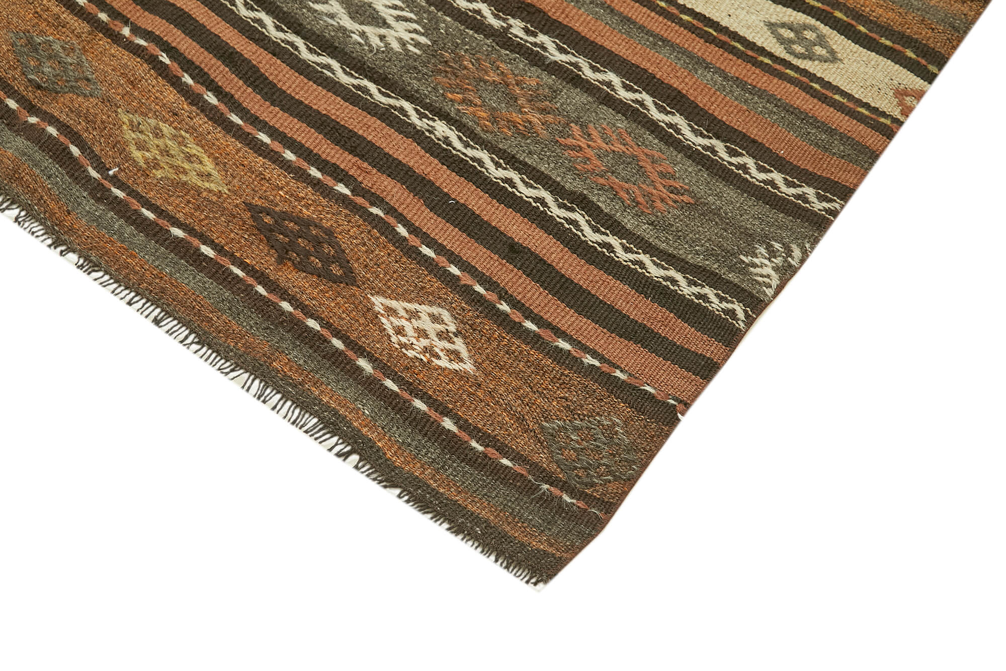 Handmade Kilim Rug – Brown Wool Striped Area Rug 4x8 Feet Flat Weave Carpet