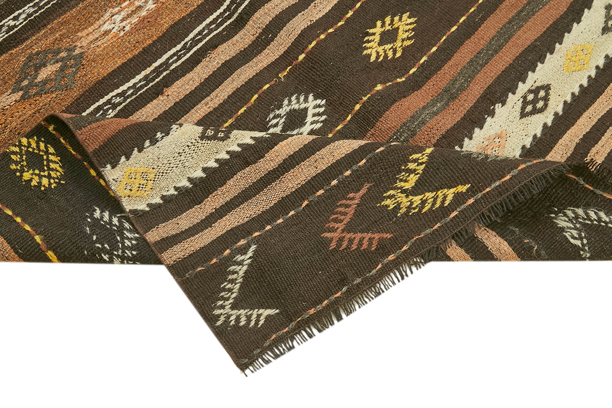 Handmade Kilim Rug – Brown Wool Striped Area Rug 4x8 Feet Flat Weave Carpet