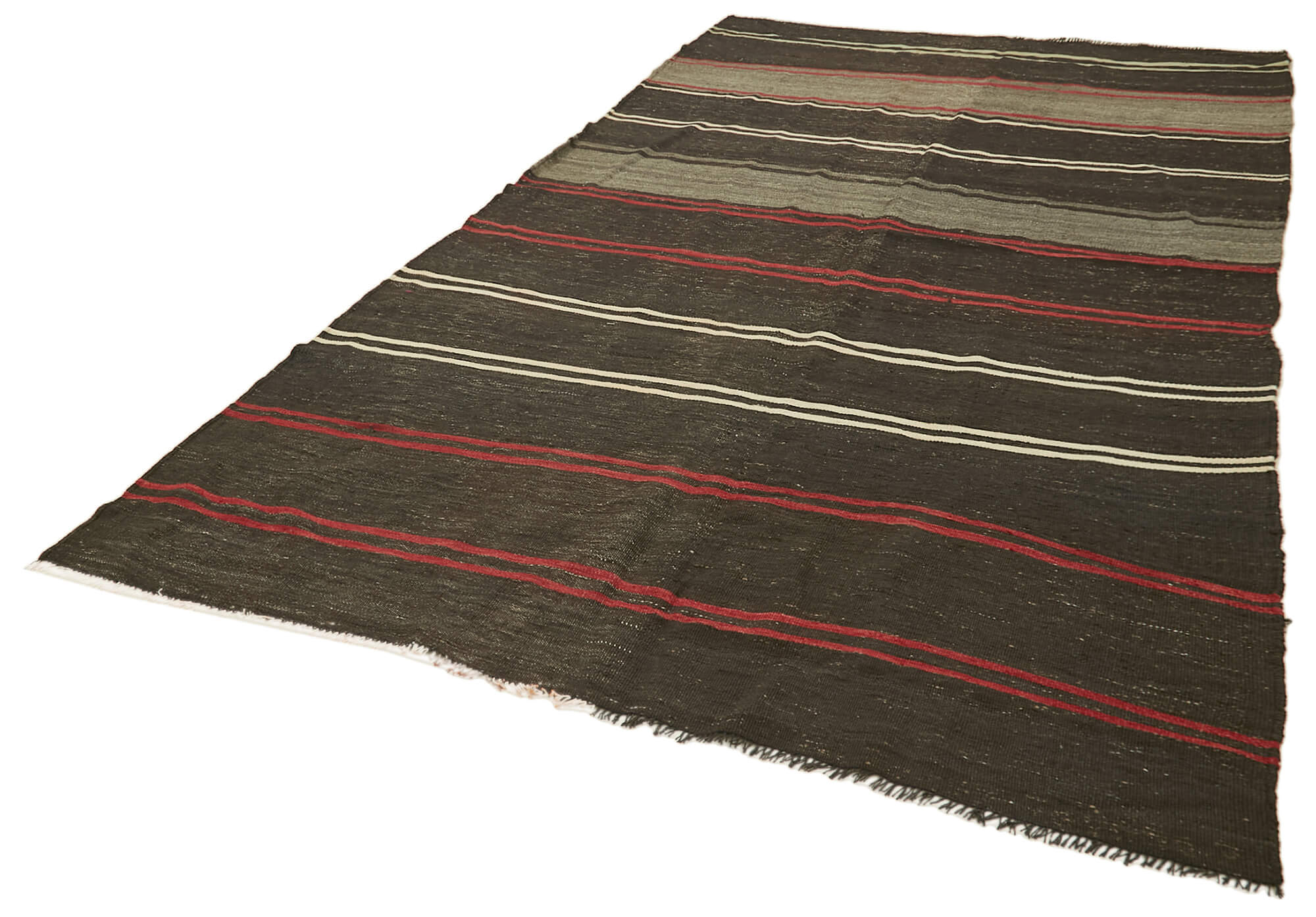 Handmade Striped Kilim Rug - Brown Striped Goat Hair Carpet 6'3" x 11'1" Vintage Area Rug