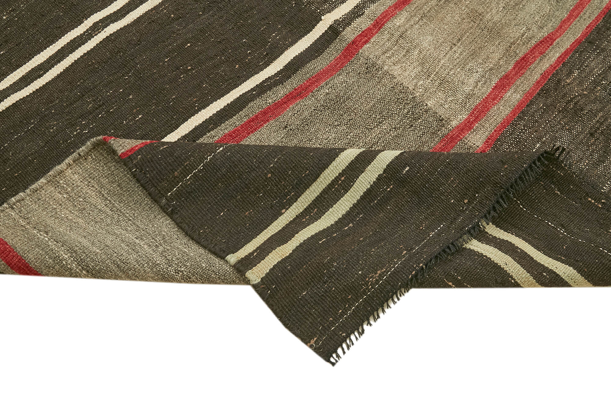 Handmade Striped Kilim Rug - Brown Striped Goat Hair Carpet 6'3" x 11'1" Vintage Area Rug
