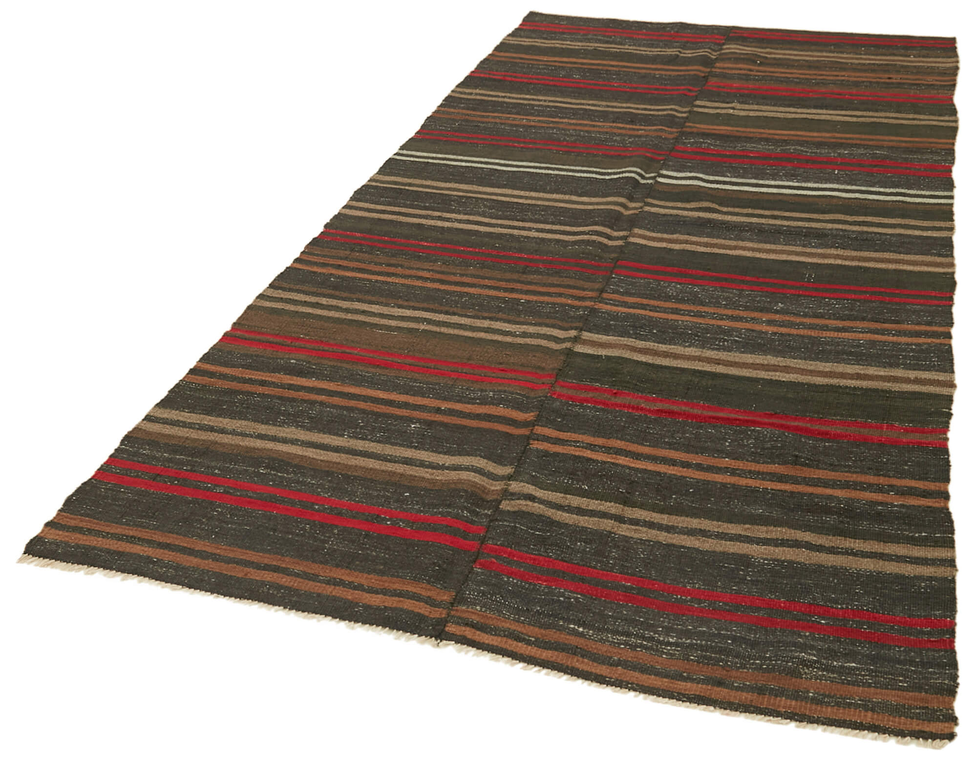 Handmade Striped Kilim Rug – Vintage Area Rug with Brown Goat Hair, Soft Wool Texture 4'9''x9'9''