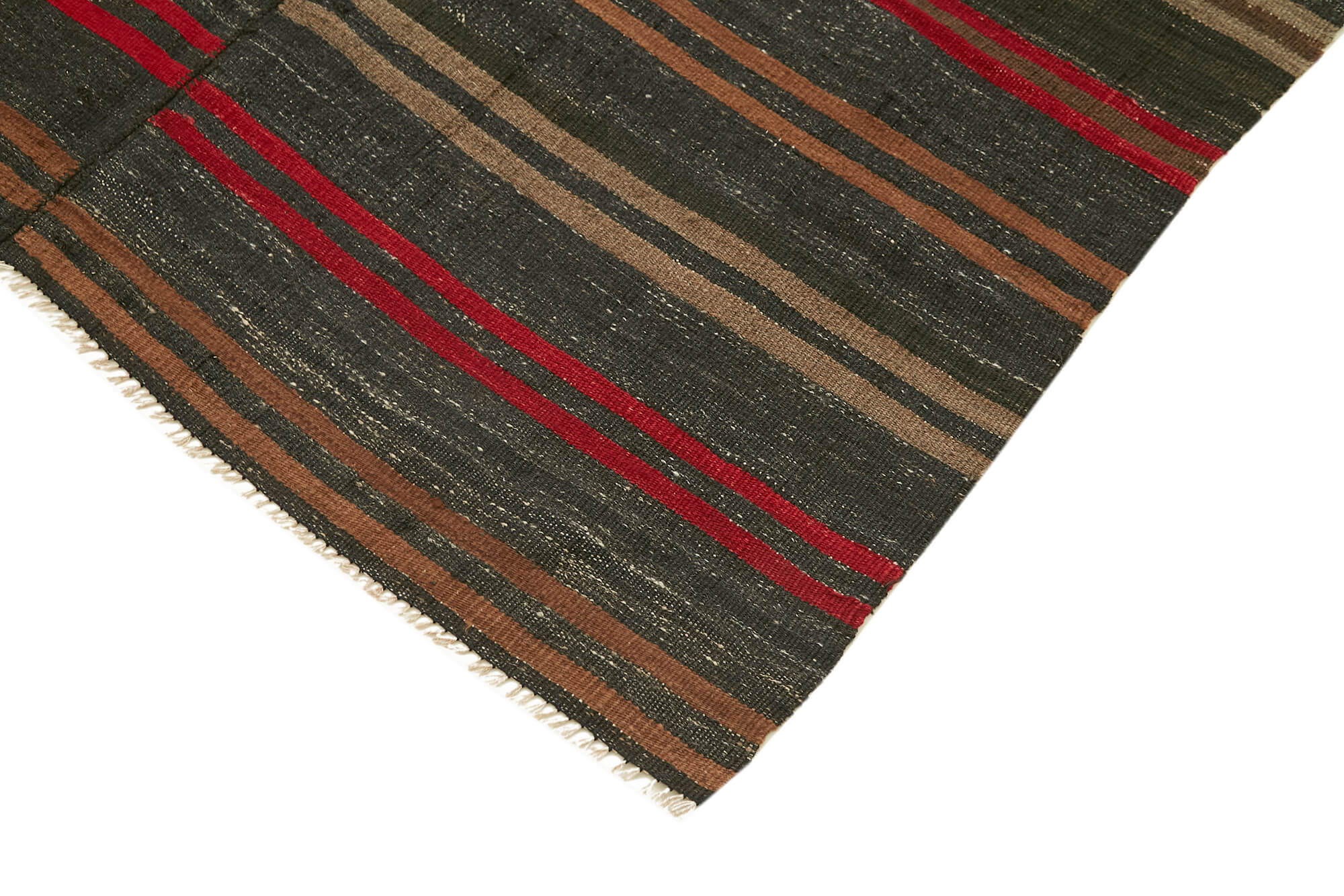 Handmade Striped Kilim Rug – Vintage Area Rug with Brown Goat Hair, Soft Wool Texture 4'9''x9'9''