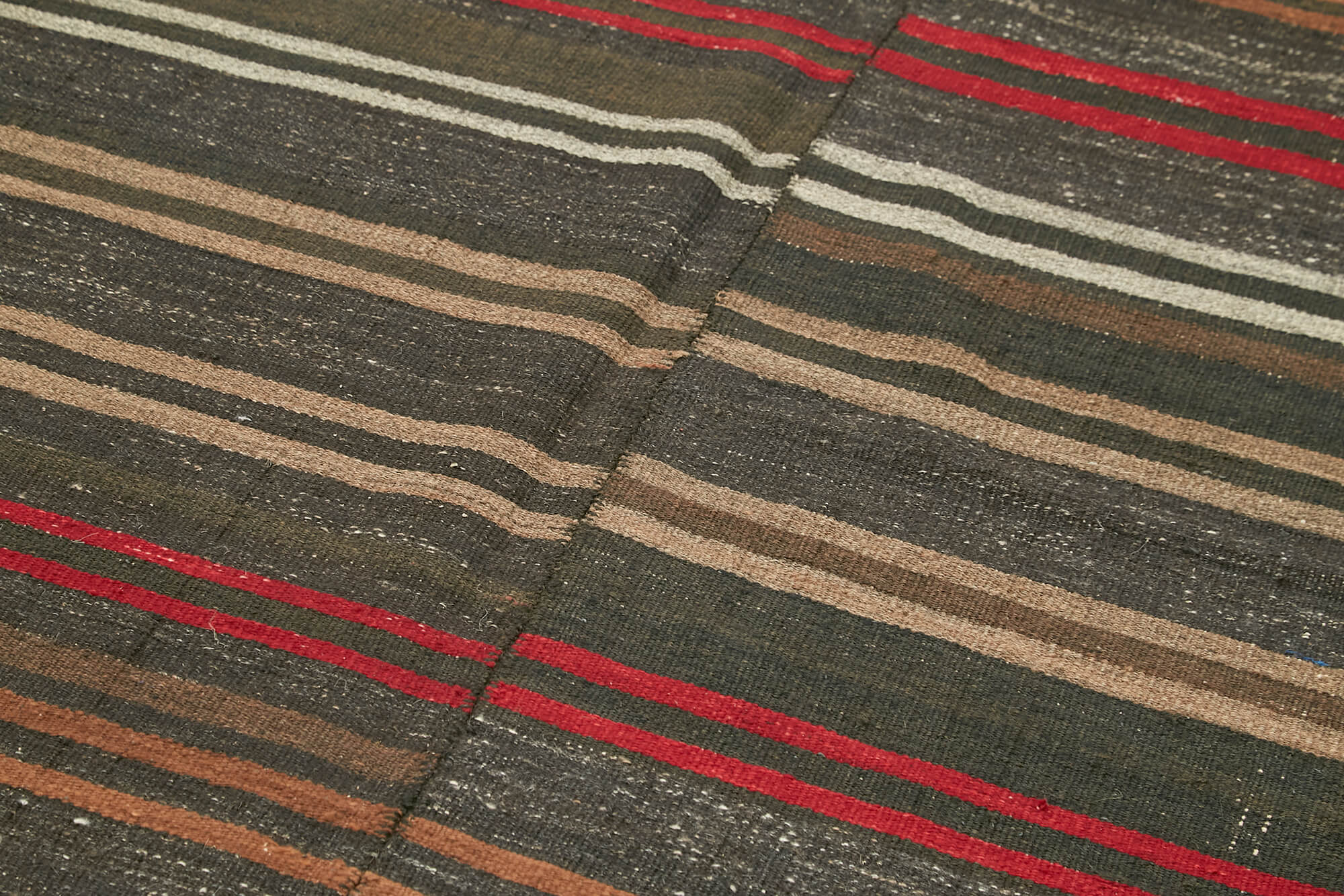Handmade Striped Kilim Rug – Vintage Area Rug with Brown Goat Hair, Soft Wool Texture 4'9''x9'9''