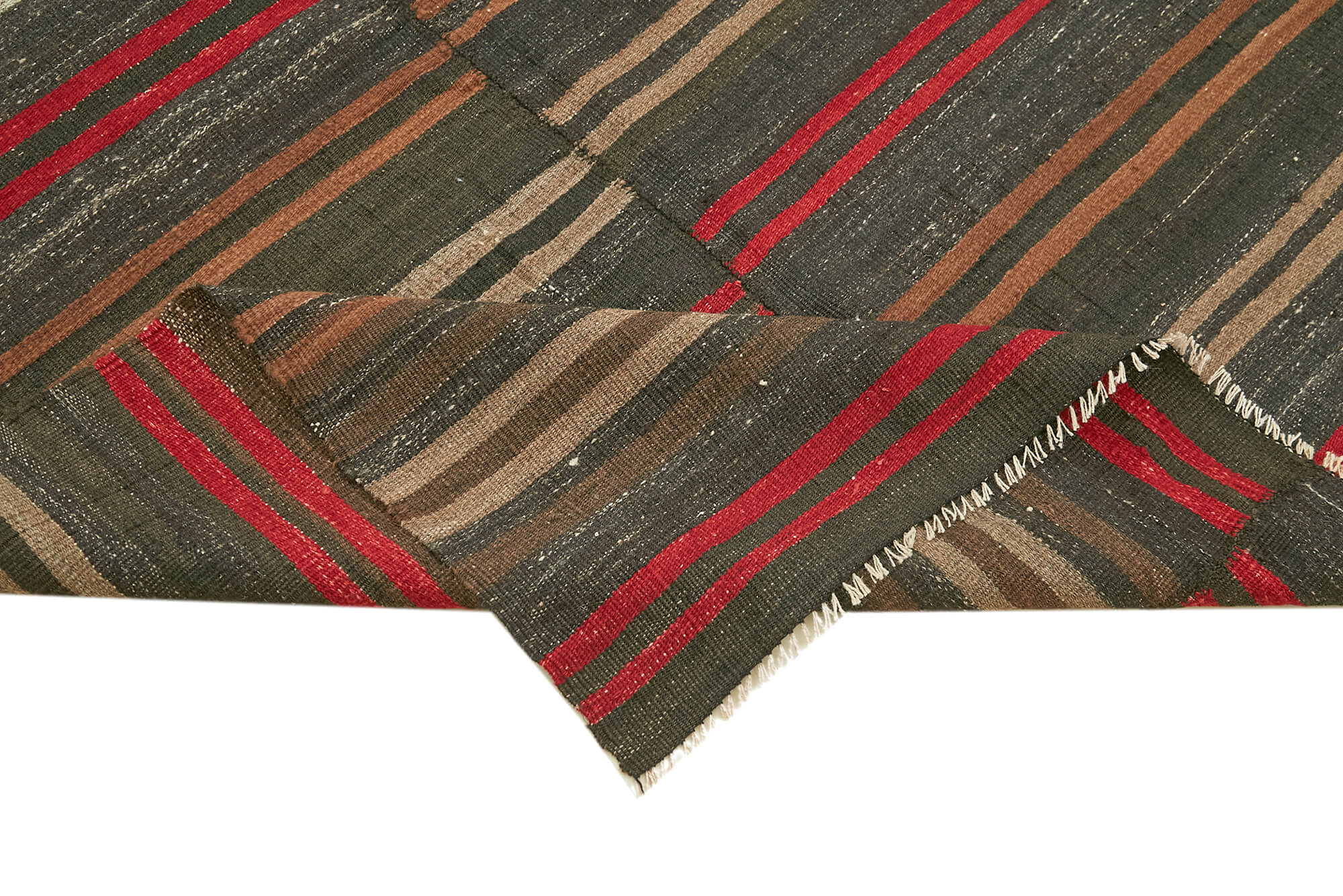 Handmade Striped Kilim Rug – Vintage Area Rug with Brown Goat Hair, Soft Wool Texture 4'9''x9'9''