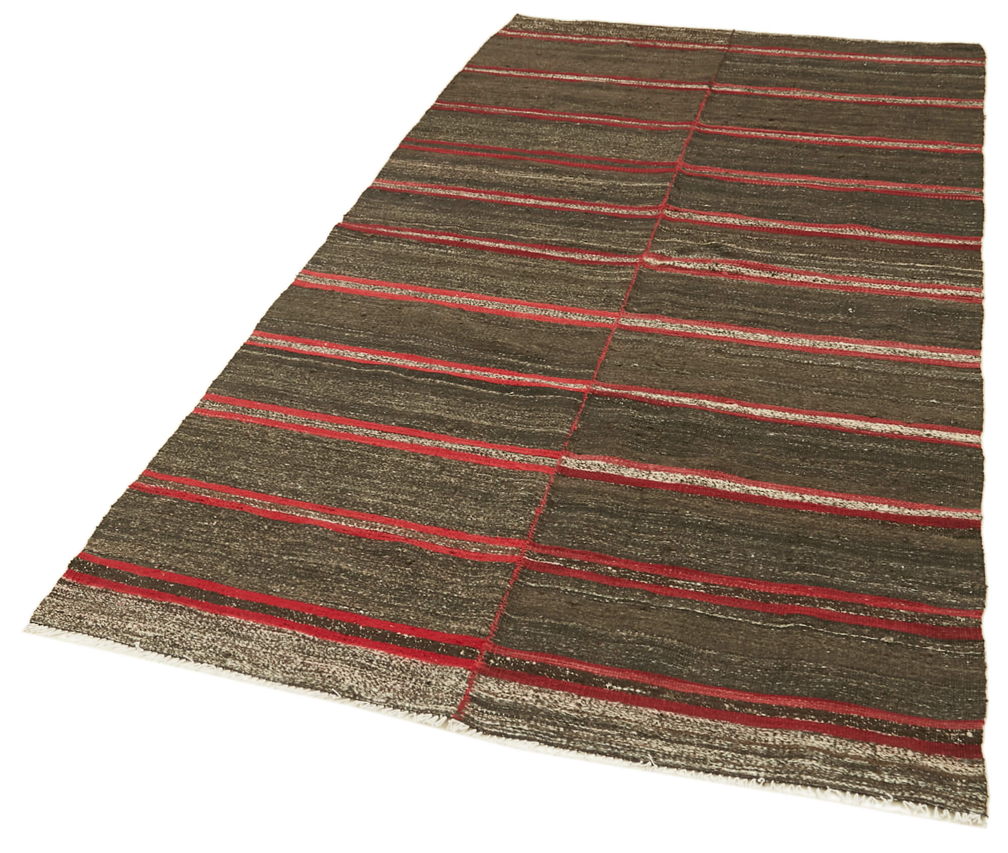 Handmade Kilim Rug – Brown Striped Area Rug With Goat Hair Carpet, 4'3''x8'4''