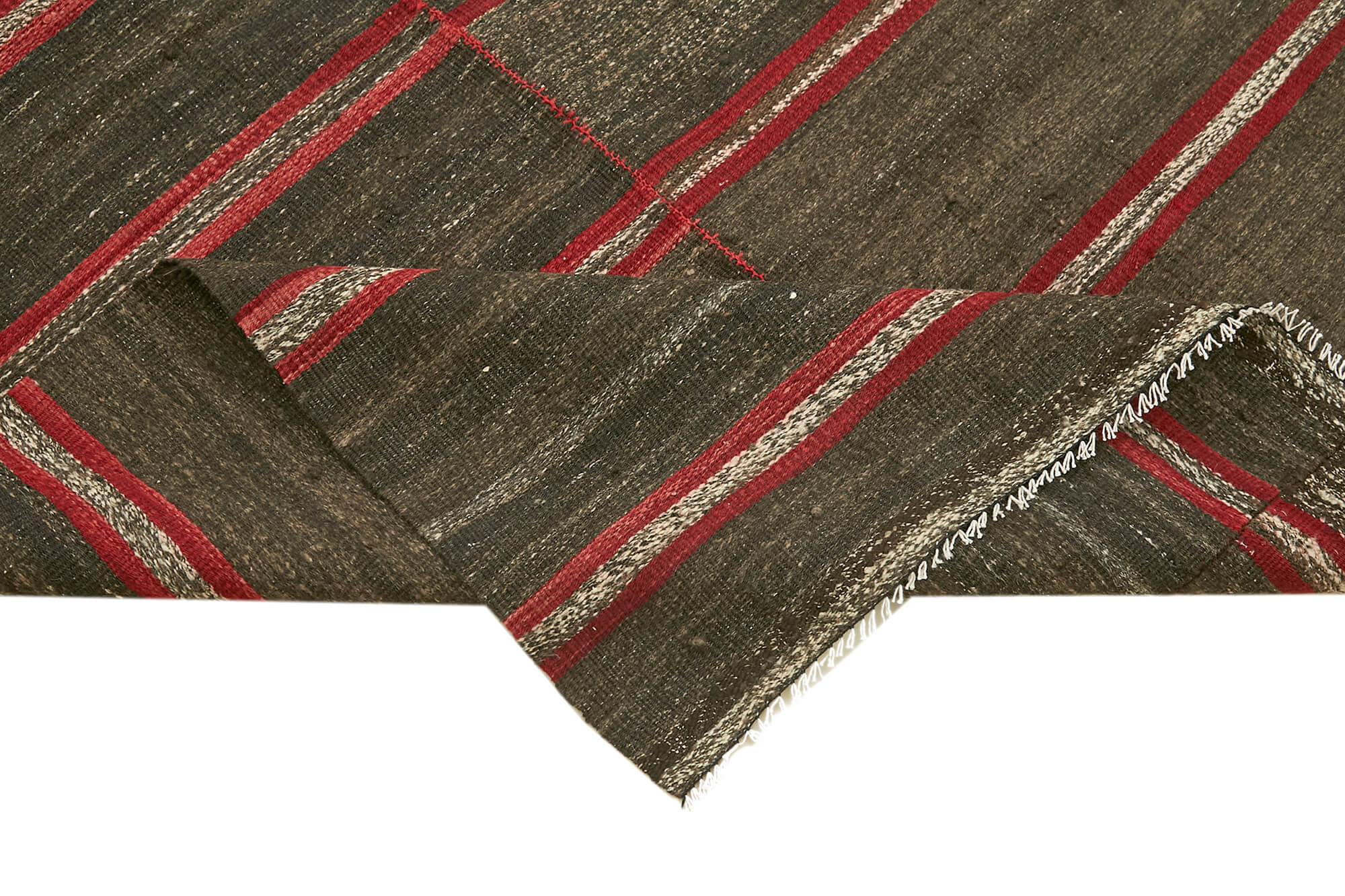 Handmade Kilim Rug – Brown Striped Area Rug With Goat Hair Carpet, 4'3''x8'4''