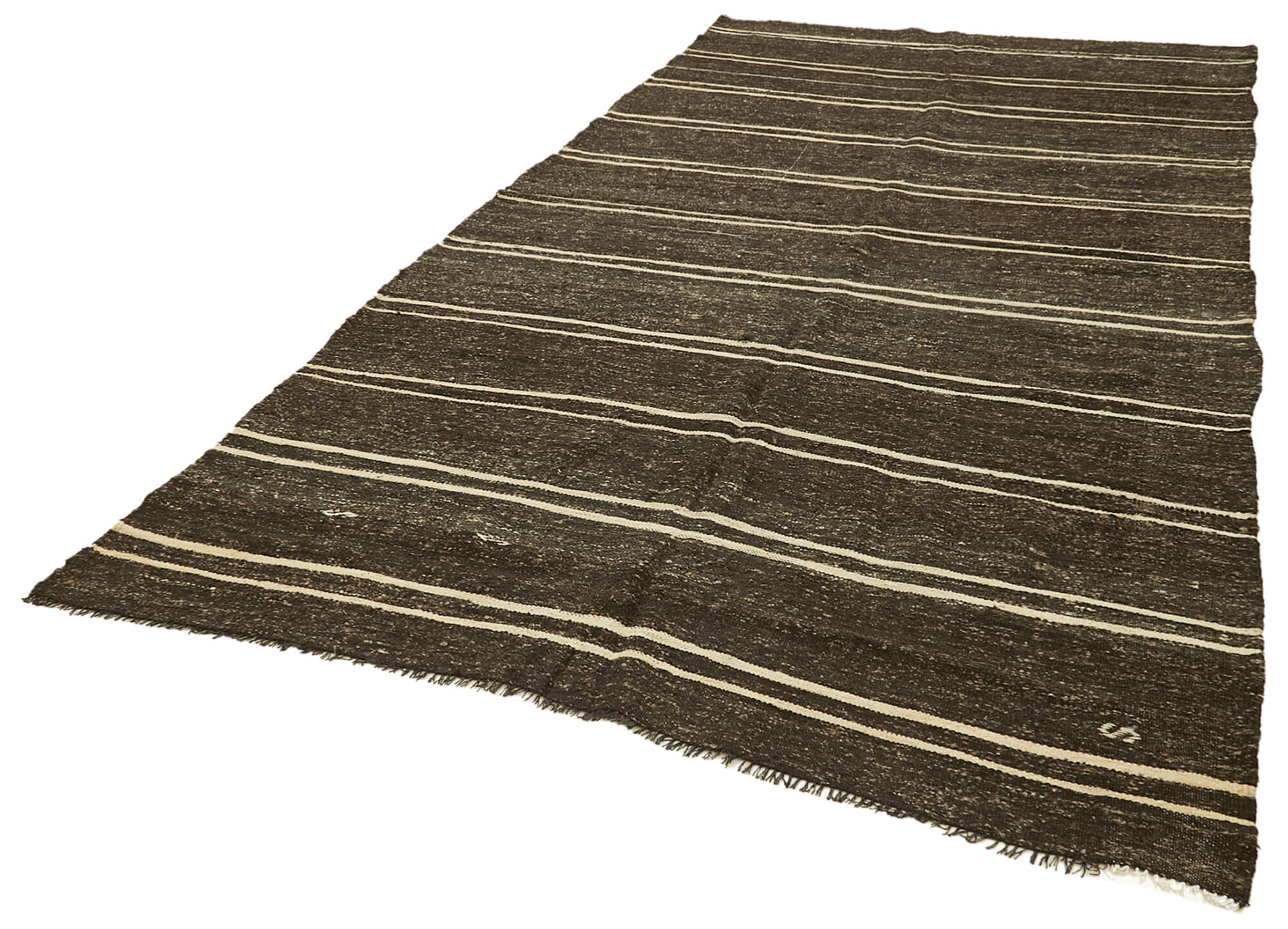 Handmade Kilim Rug – Striped Area Rug Brown Wool Turkish Goat Hair Carpet 6'1''x11'7''