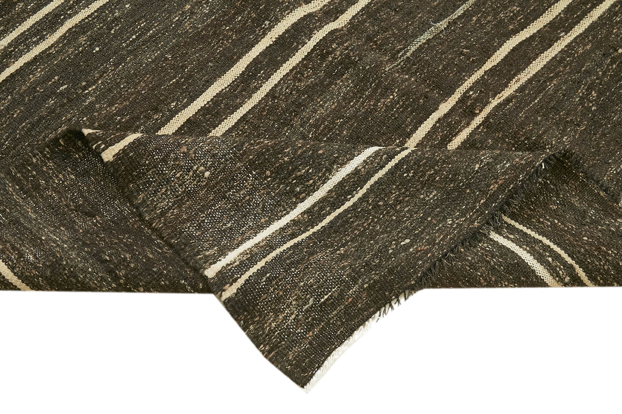 Handmade Kilim Rug – Striped Area Rug Brown Wool Turkish Goat Hair Carpet 6'1''x11'7''