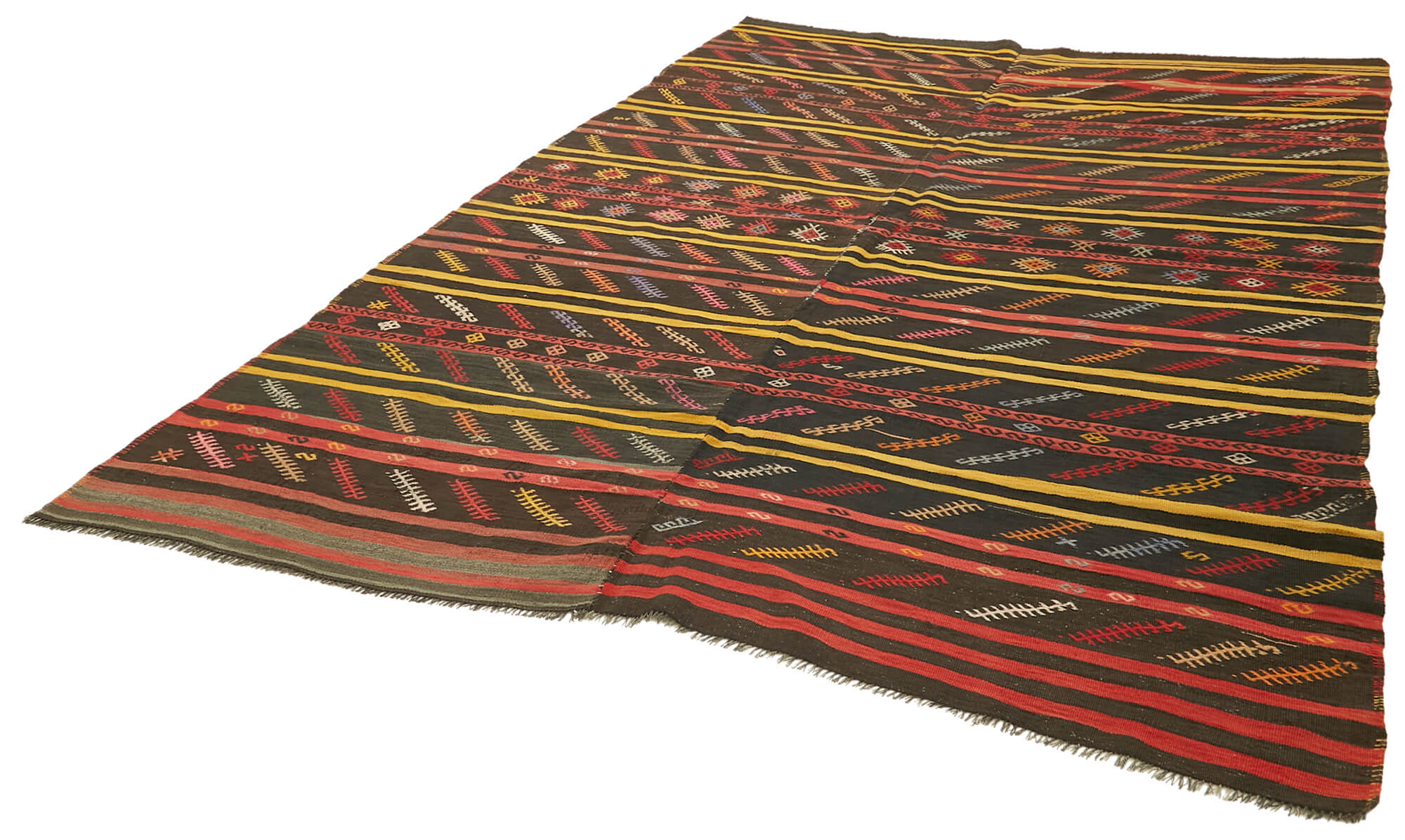 Handmade Kilim Rug - Vintage Handwoven Brown Wool Rug 7x10 Feet Striped Design