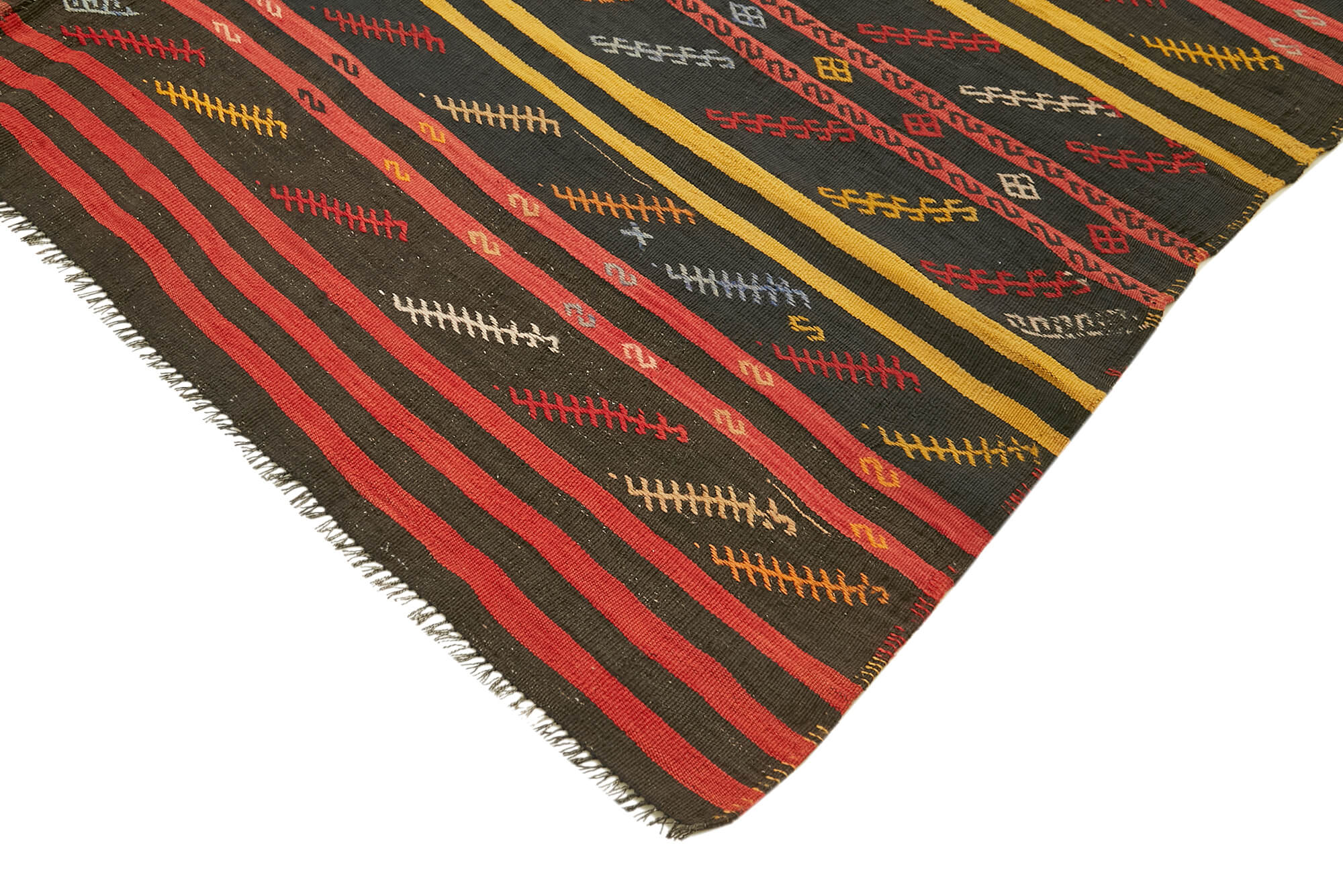 Handmade Kilim Rug - Vintage Handwoven Brown Wool Rug 7x10 Feet Striped Design