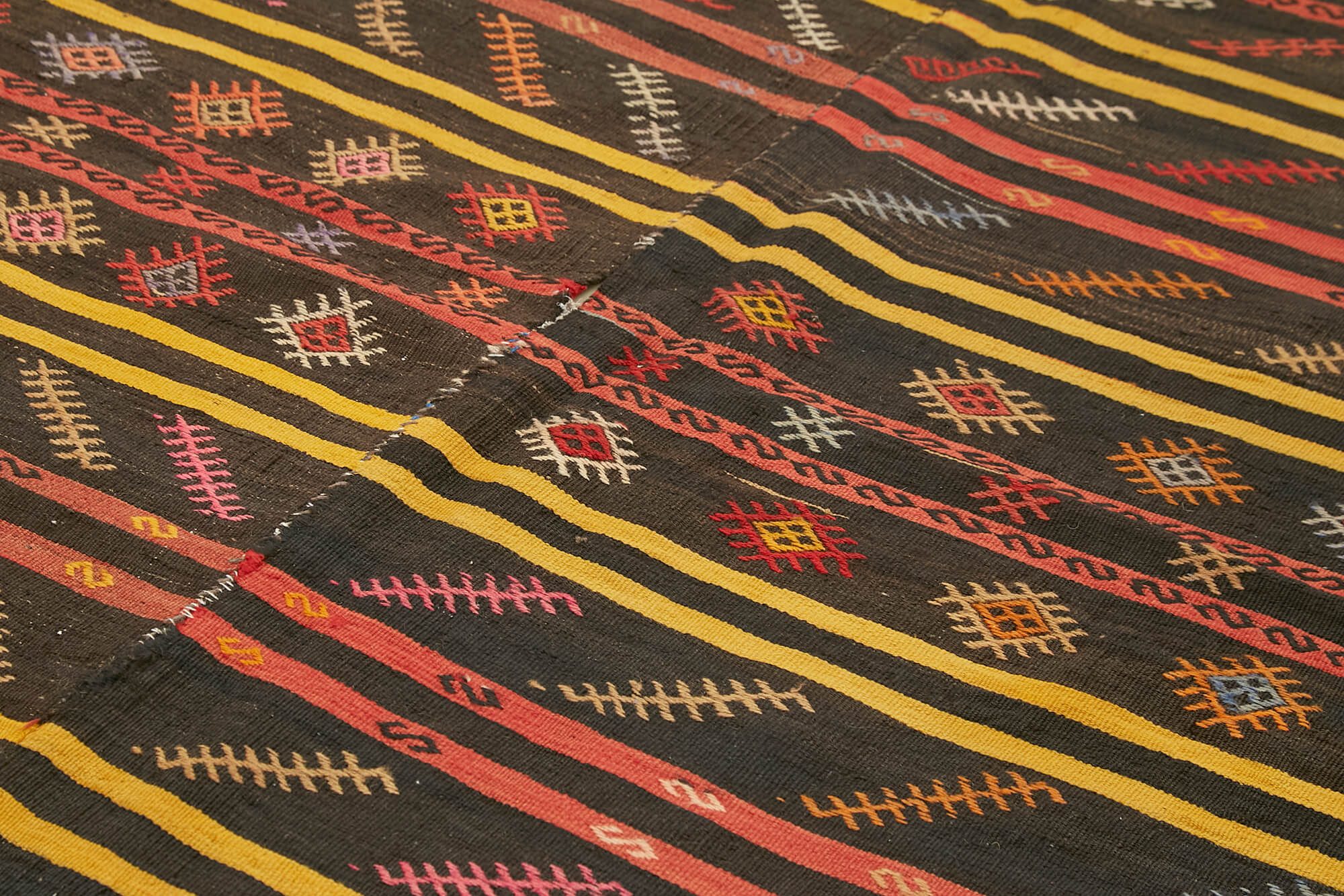 Handmade Kilim Rug - Vintage Handwoven Brown Wool Rug 7x10 Feet Striped Design