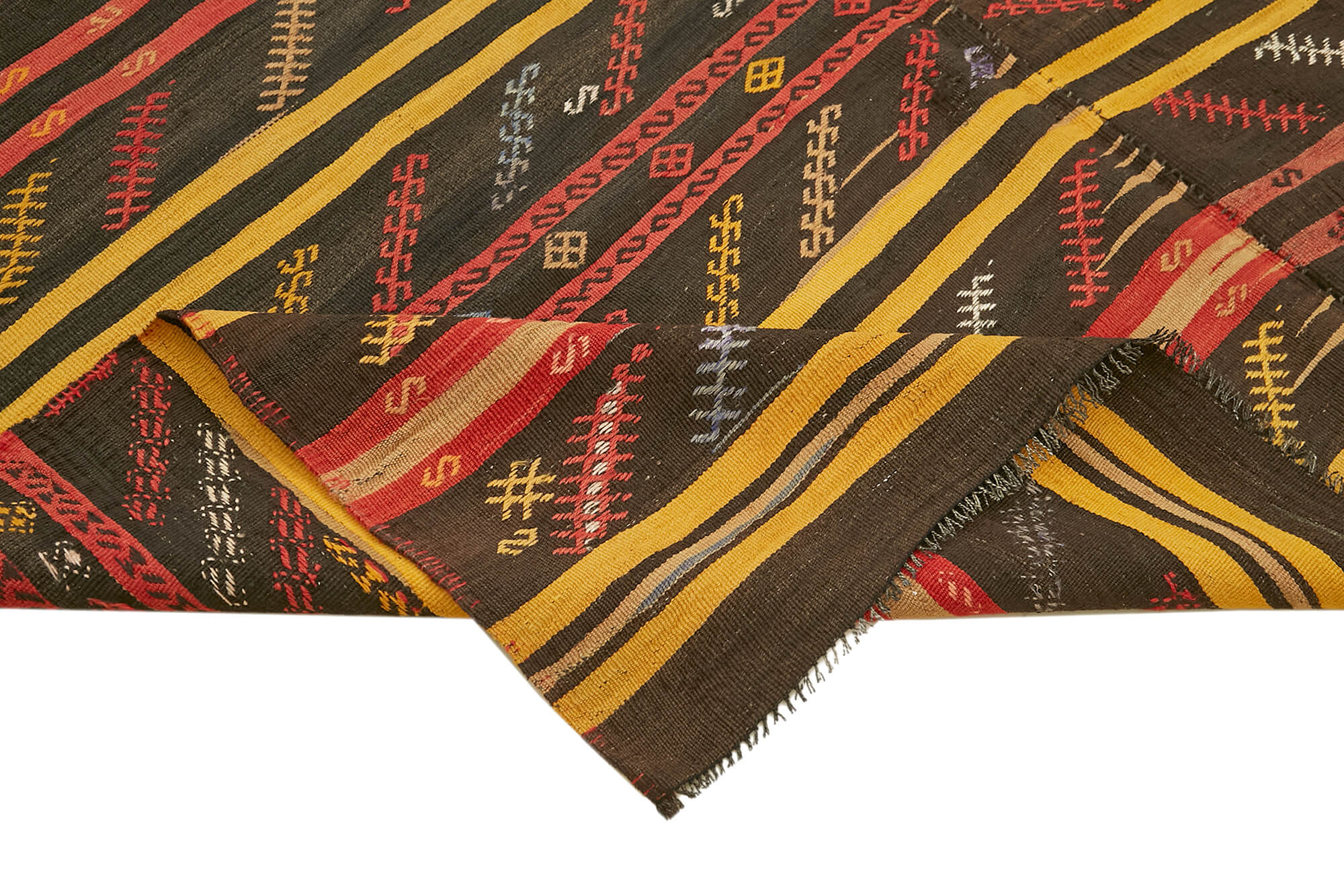 Handmade Kilim Rug - Vintage Handwoven Brown Wool Rug 7x10 Feet Striped Design