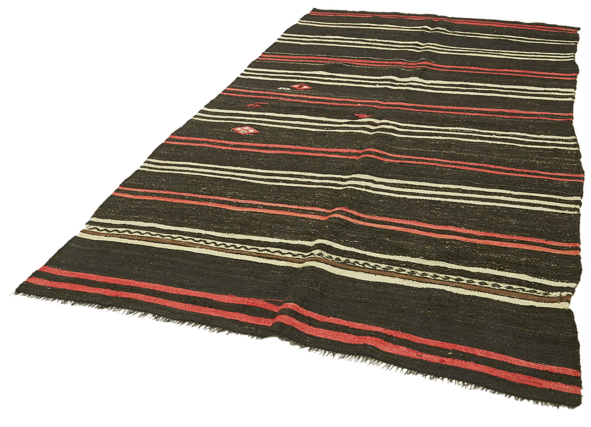 Handmade Striped Kilim Rug – Brown Goat Hair Vintage Area Rug 5'7''x10'0''
