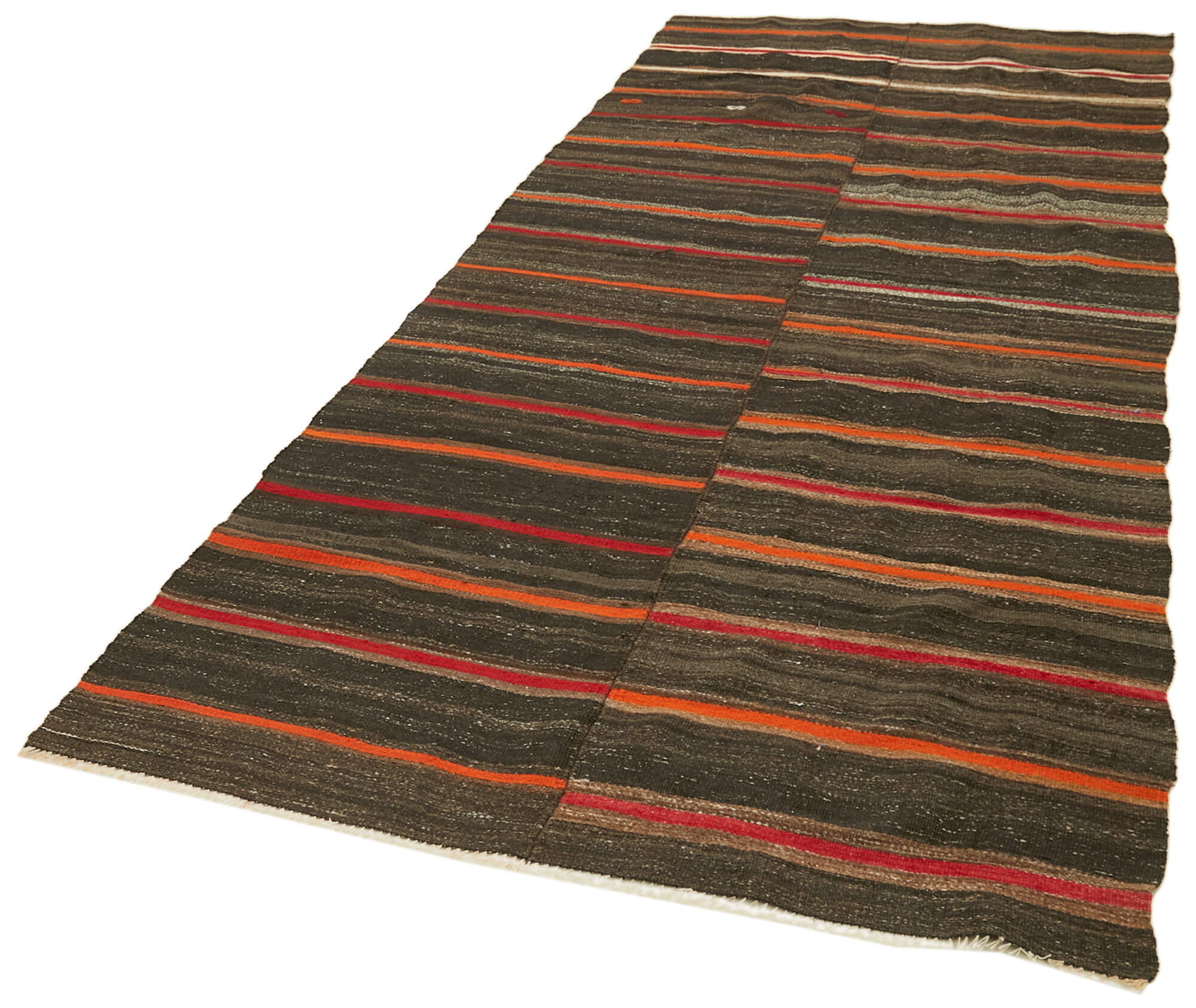 Handmade Goat Hair Rug - Brown Striped Kilim Vintage Turkish Hand Woven Rug 4'6''x10'6''