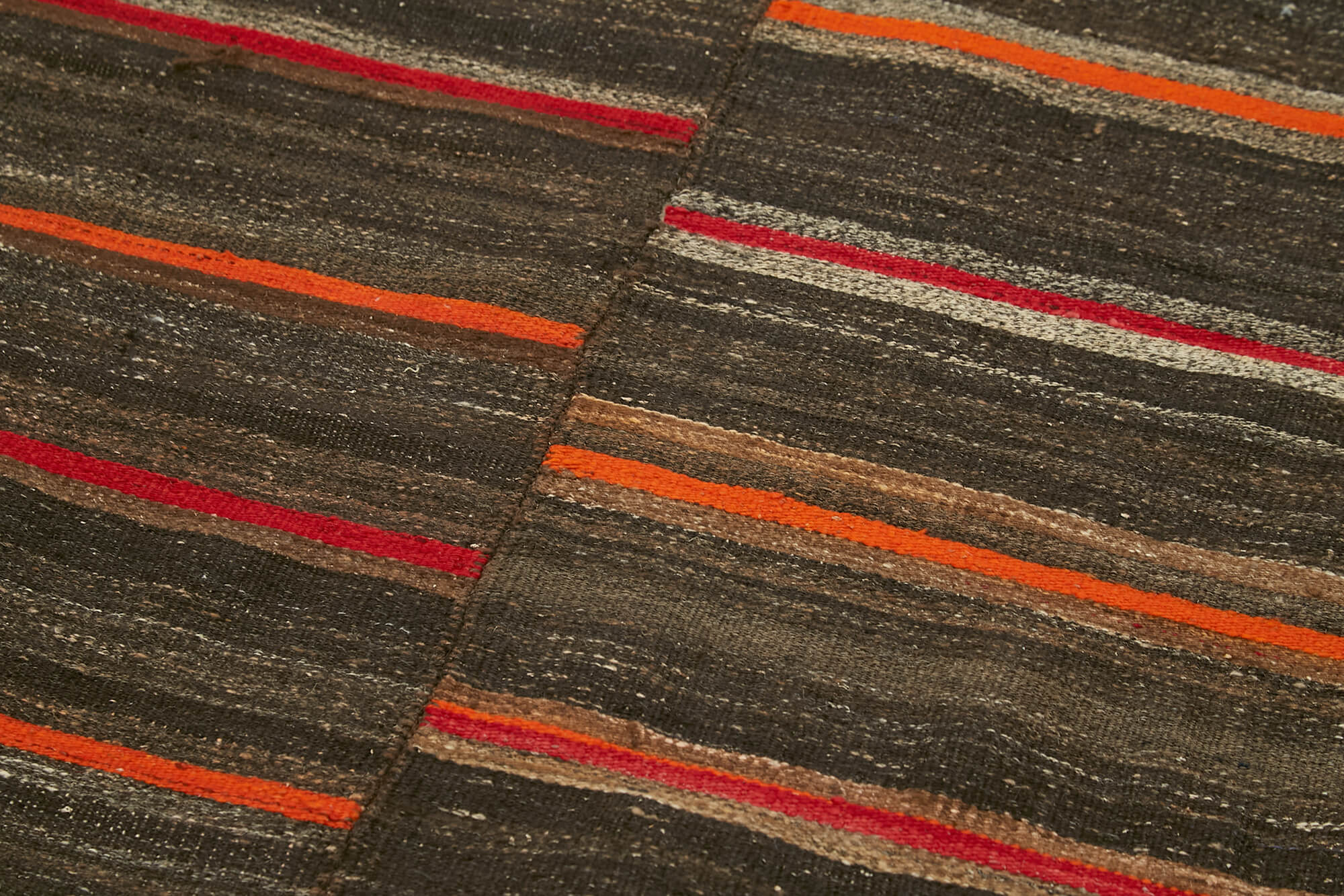 Handmade Goat Hair Rug - Brown Striped Kilim Vintage Turkish Hand Woven Rug 4'6''x10'6''