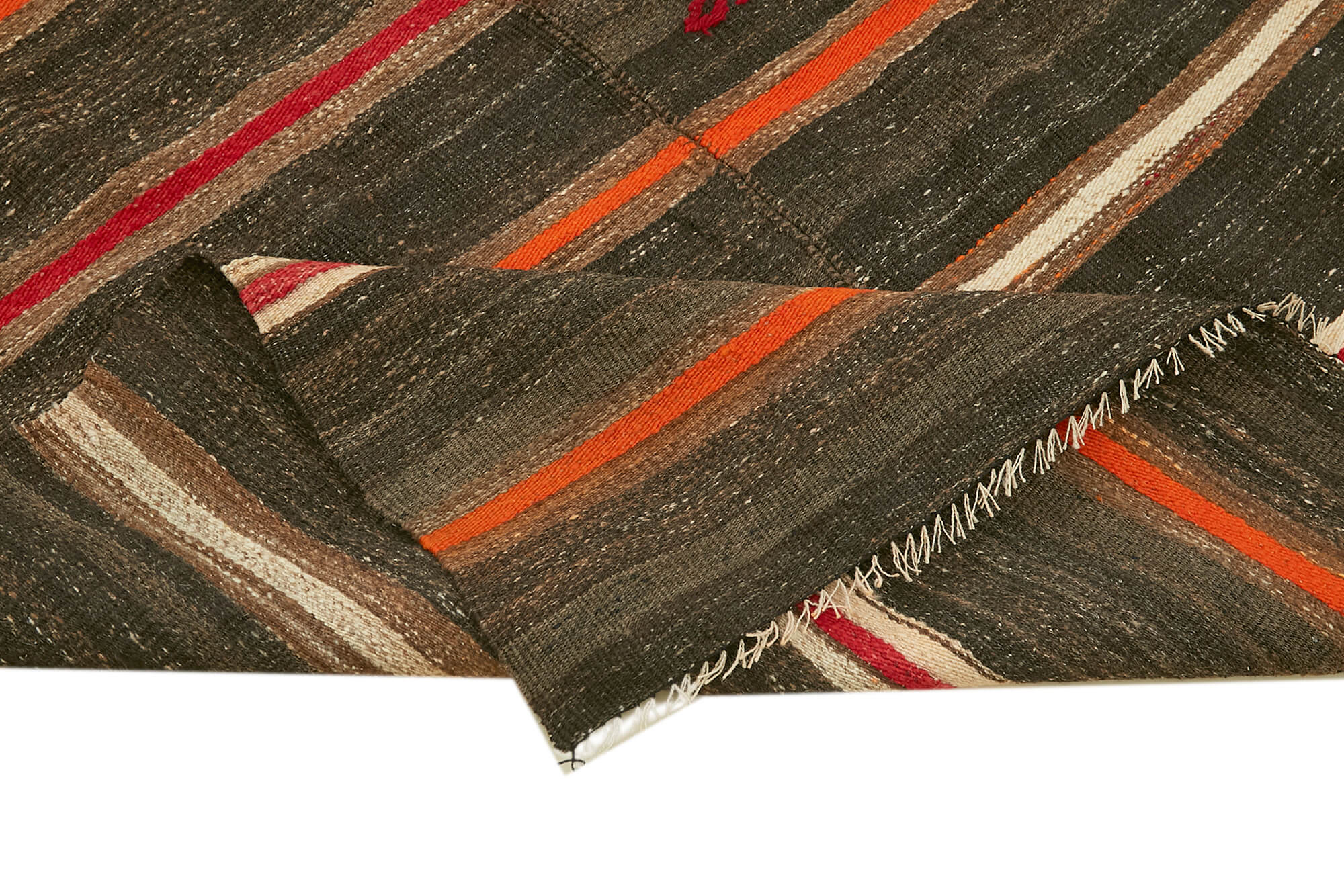 Handmade Goat Hair Rug - Brown Striped Kilim Vintage Turkish Hand Woven Rug 4'6''x10'6''