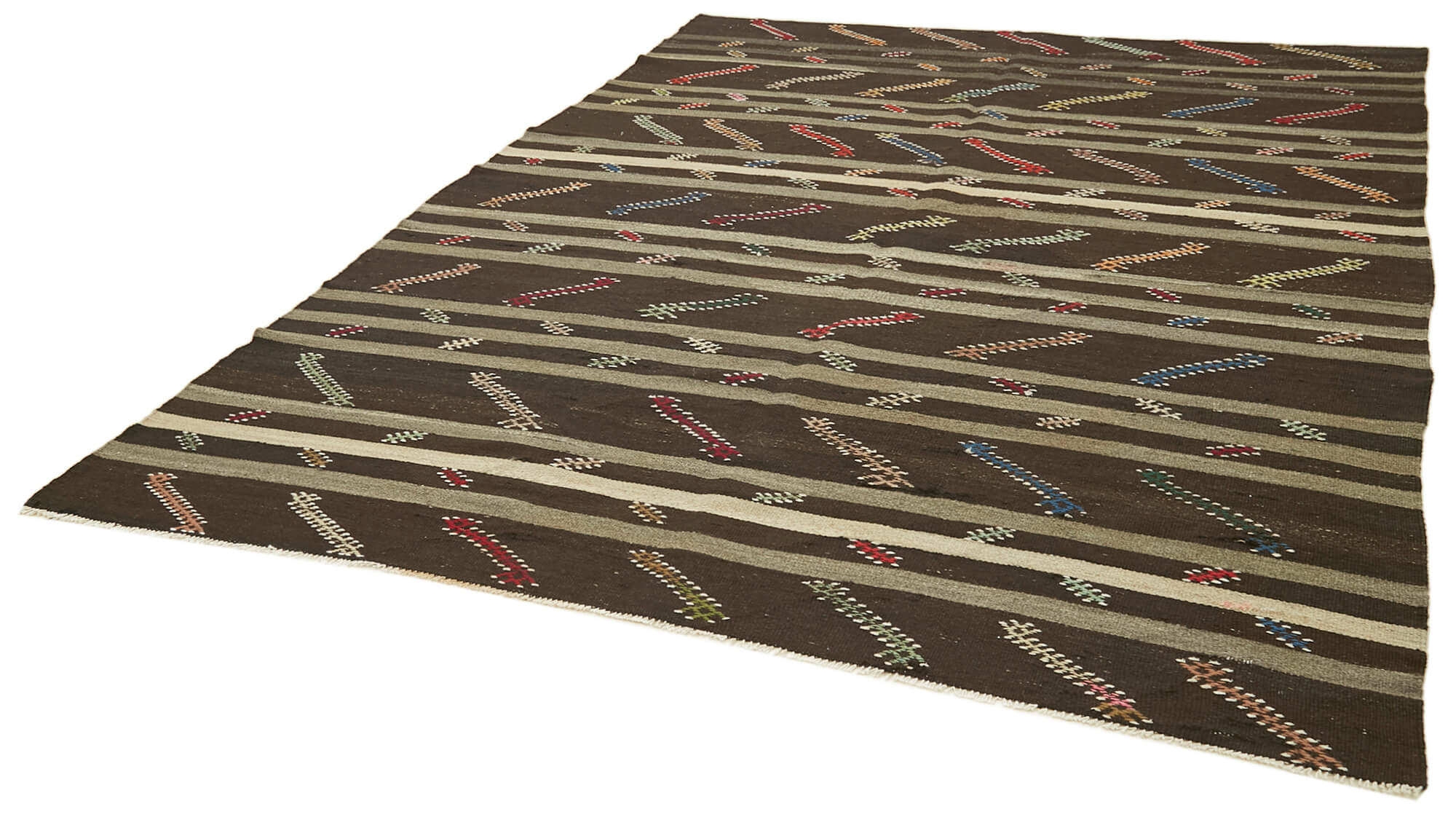 Handmade Kilim Rug – Brown Wool Carpet | Striped Area Rug 7x10 Feet