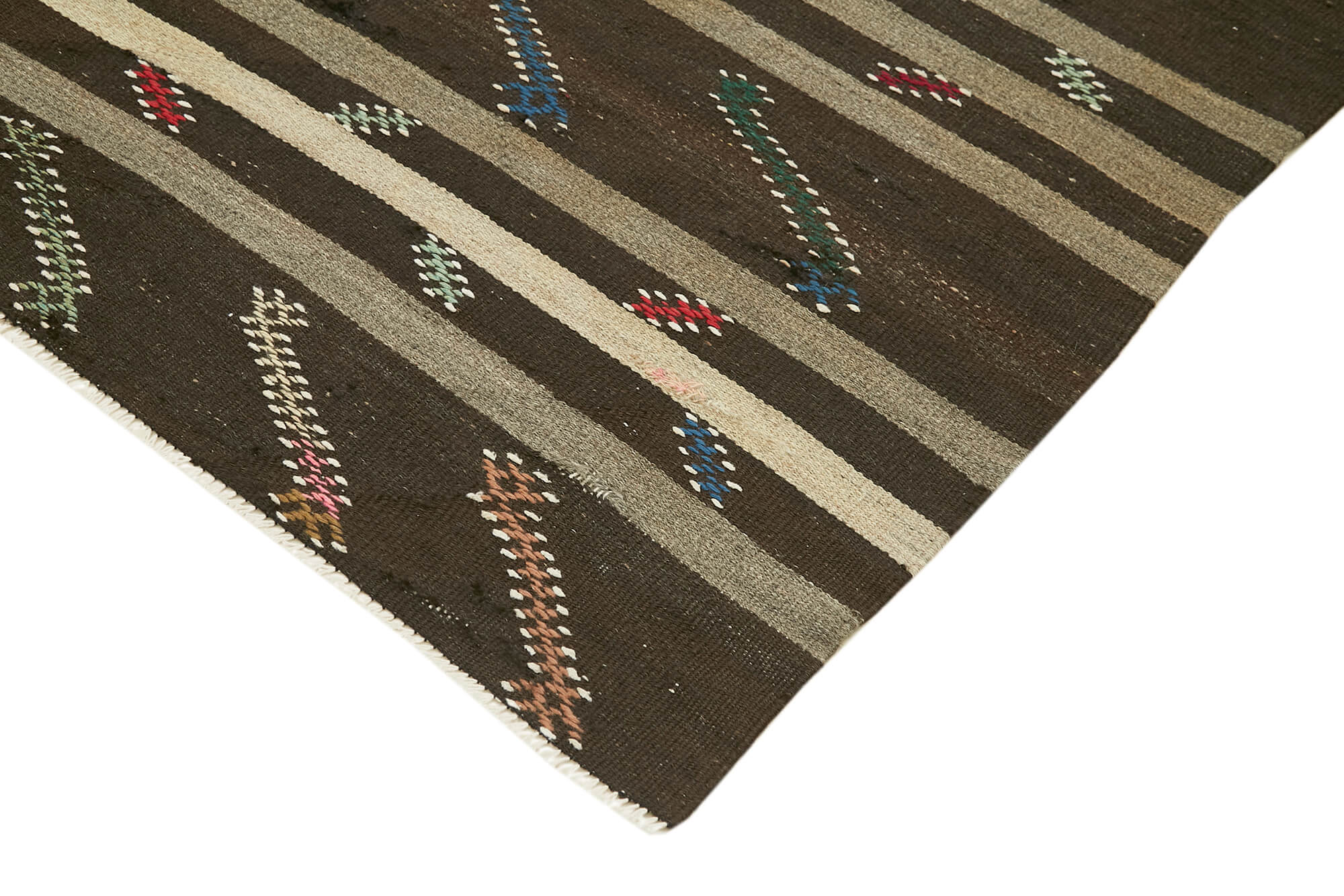Handmade Kilim Rug – Brown Wool Carpet | Striped Area Rug 7x10 Feet
