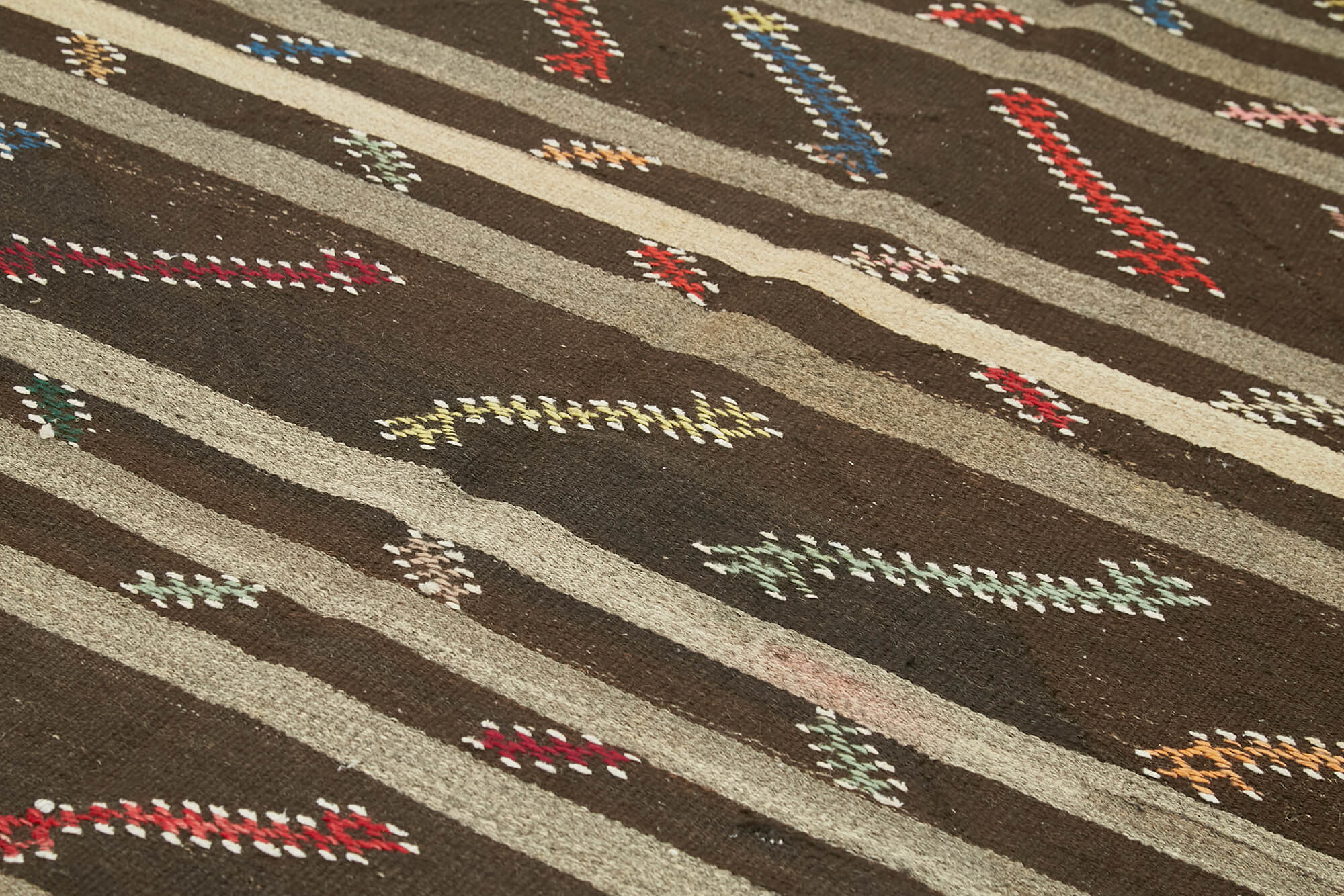 Handmade Kilim Rug – Brown Wool Carpet | Striped Area Rug 7x10 Feet