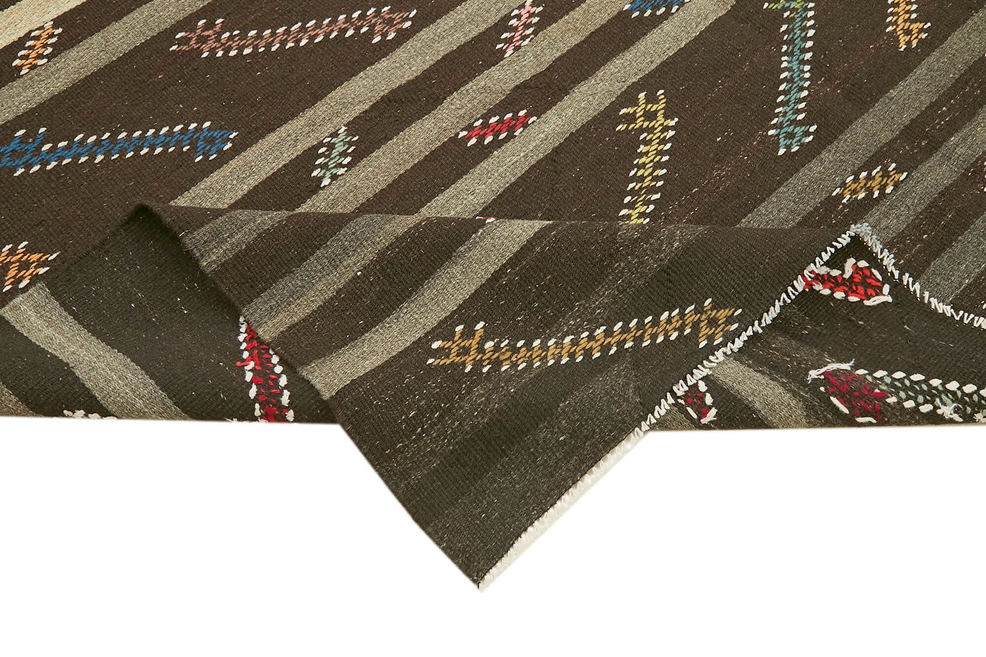 Handmade Kilim Rug – Brown Wool Carpet | Striped Area Rug 7x10 Feet