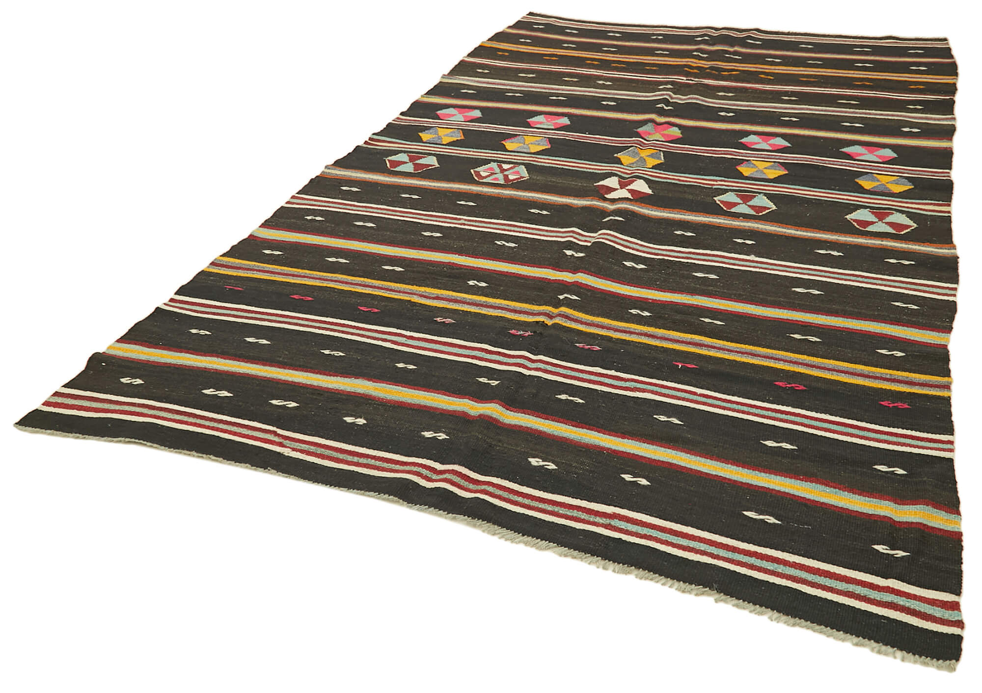 Handmade Kilim Rug - Brown Wool Striped Area Rug 6'6" x 11'4" | Vintage Turkish Carpet