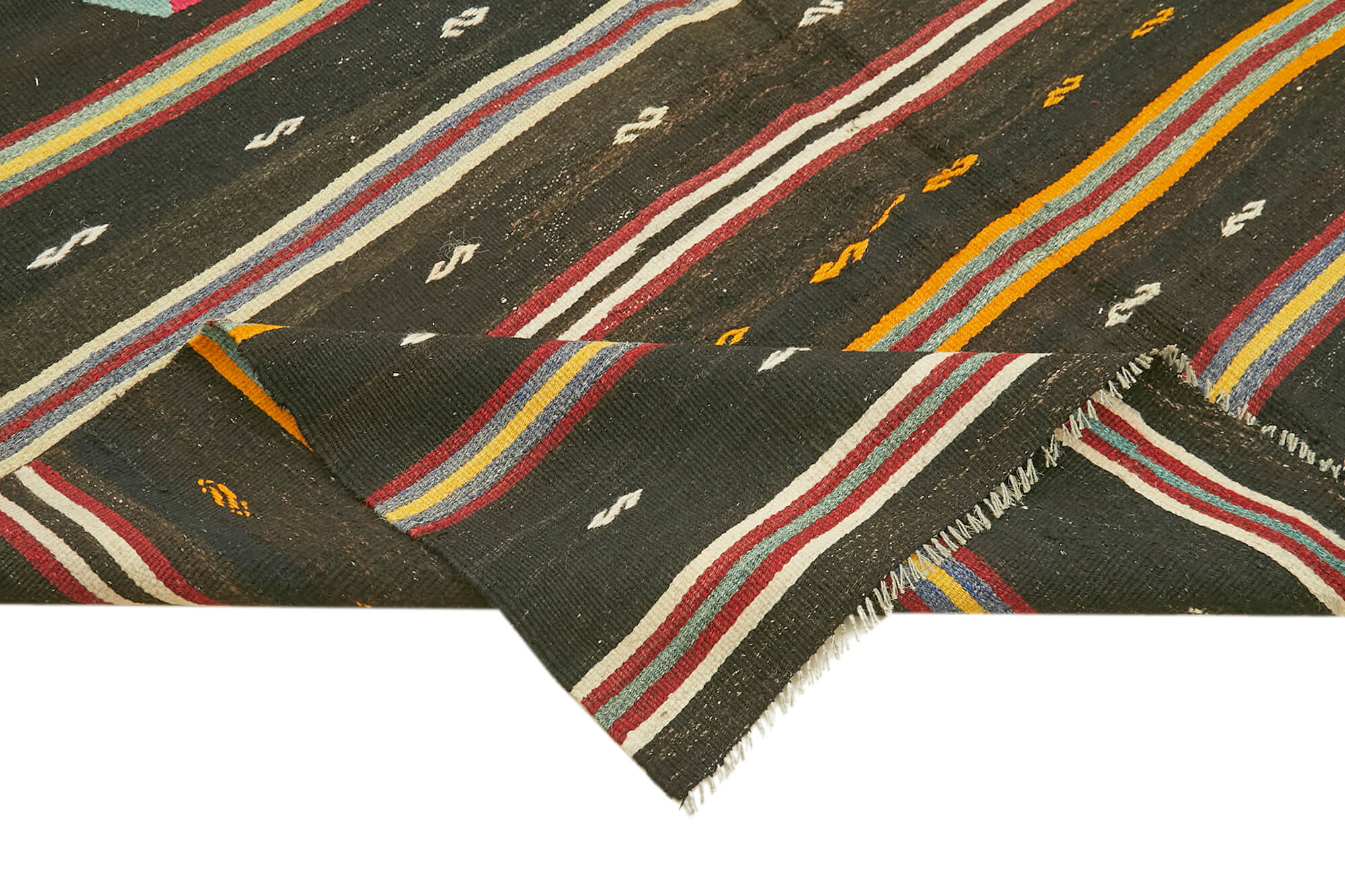 Handmade Kilim Rug - Brown Wool Striped Area Rug 6'6" x 11'4" | Vintage Turkish Carpet