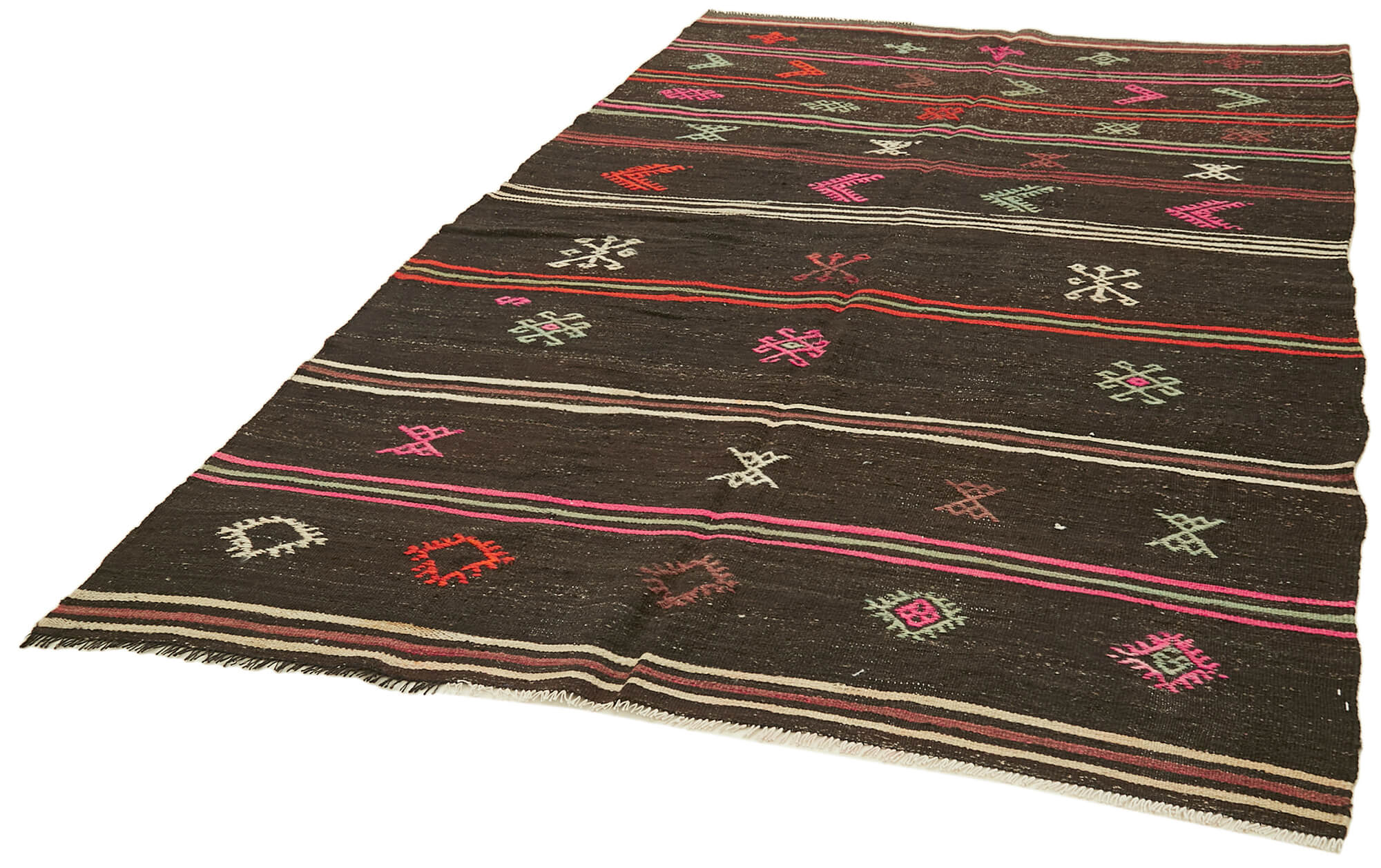 Handmade Kilim Rug – Brown Goat Hair Striped Wool Carpet 6'2'' x 9'4''