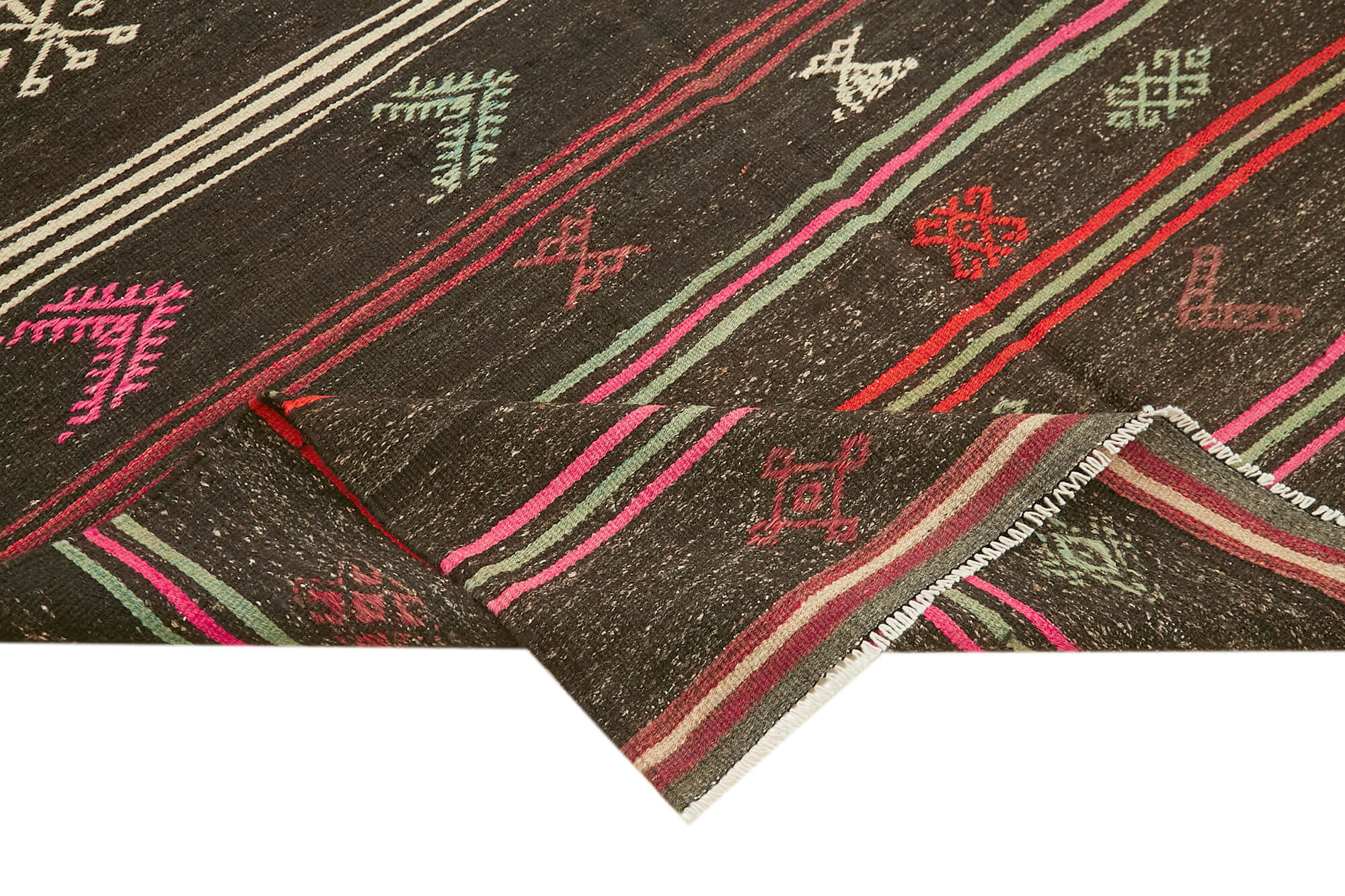 Handmade Kilim Rug – Brown Goat Hair Striped Wool Carpet 6'2'' x 9'4''
