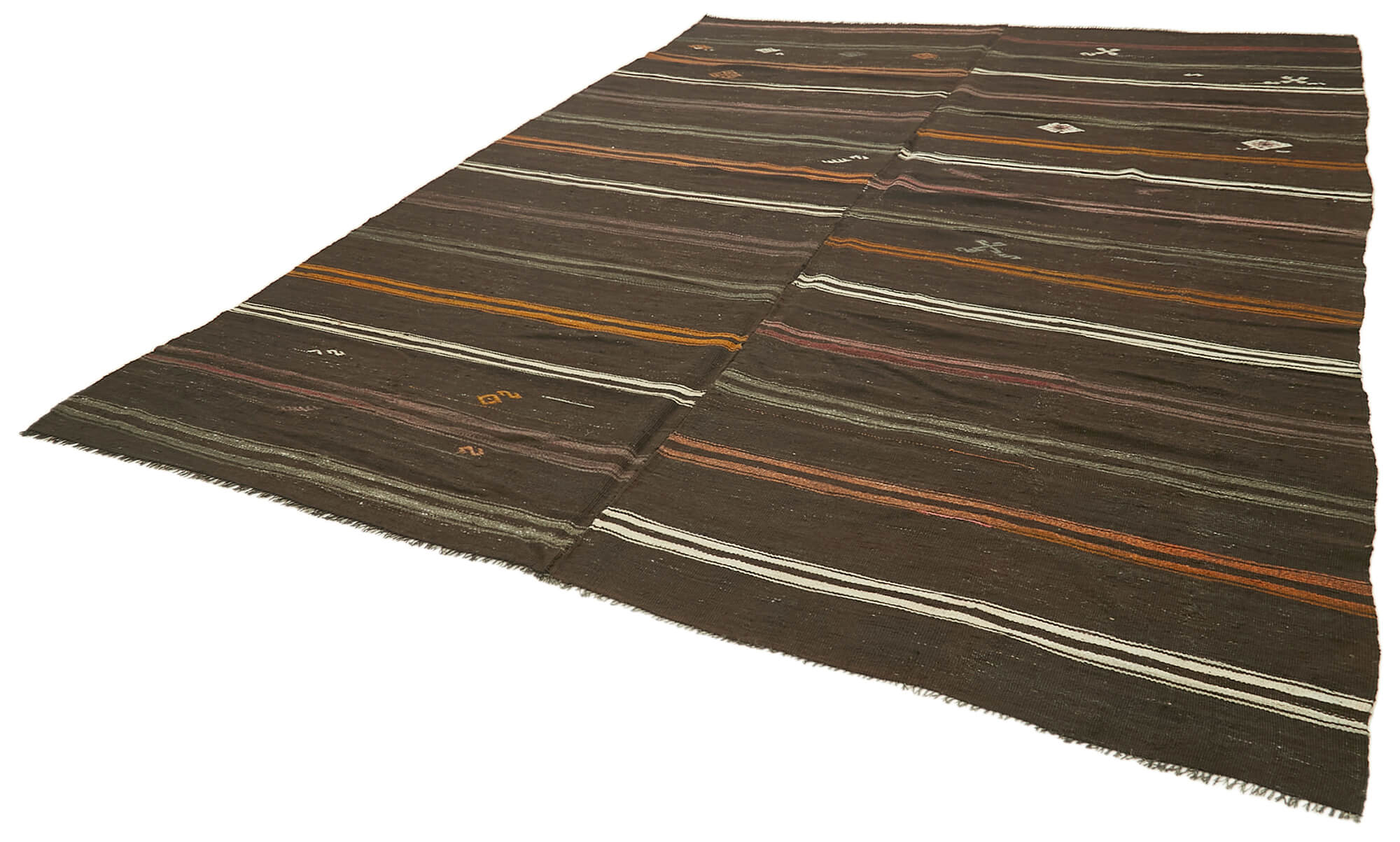Handmade Striped Kilim Rug – Brown Striped Goat Hair Turkish Wool Rug 8x11 Feet