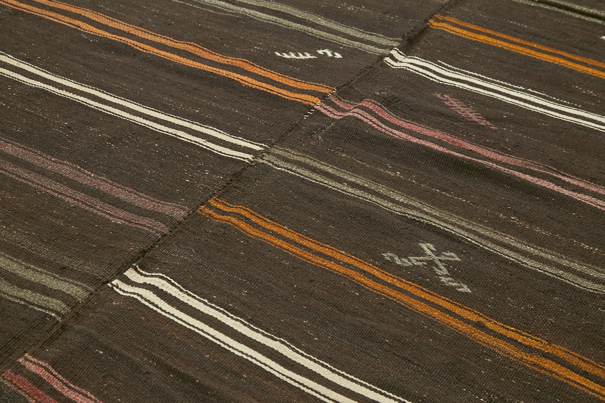 Handmade Striped Kilim Rug – Brown Striped Goat Hair Turkish Wool Rug 8x11 Feet