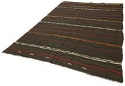 Handmade Kilim Rug - Striped Area Rug With Goat Hair & Brown Wool Carpet 6'9''x10'