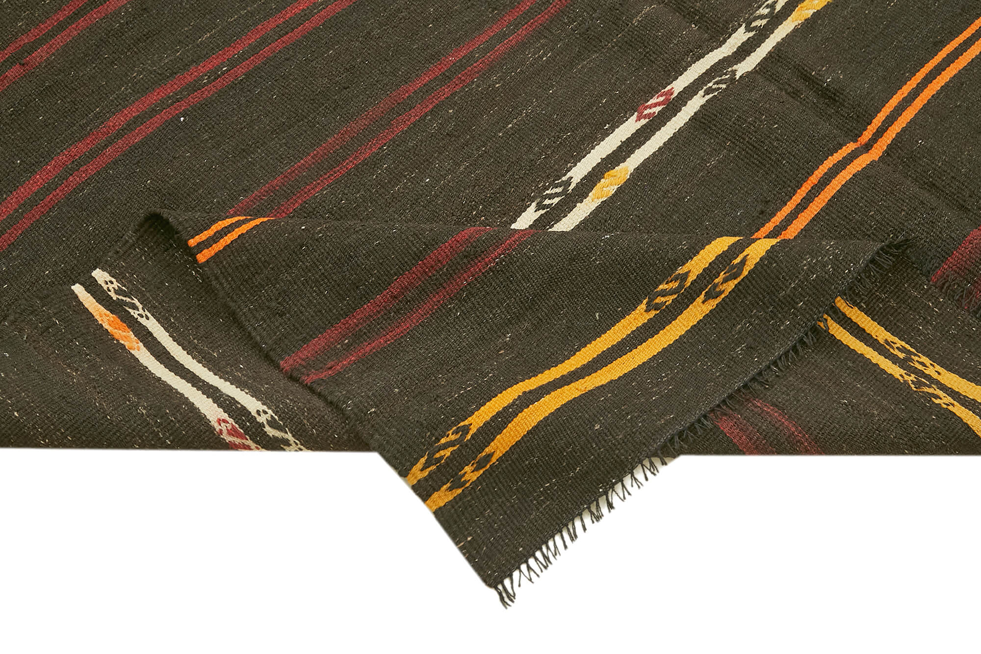 Handmade Kilim Rug - Striped Area Rug With Goat Hair & Brown Wool Carpet 6'9''x10'