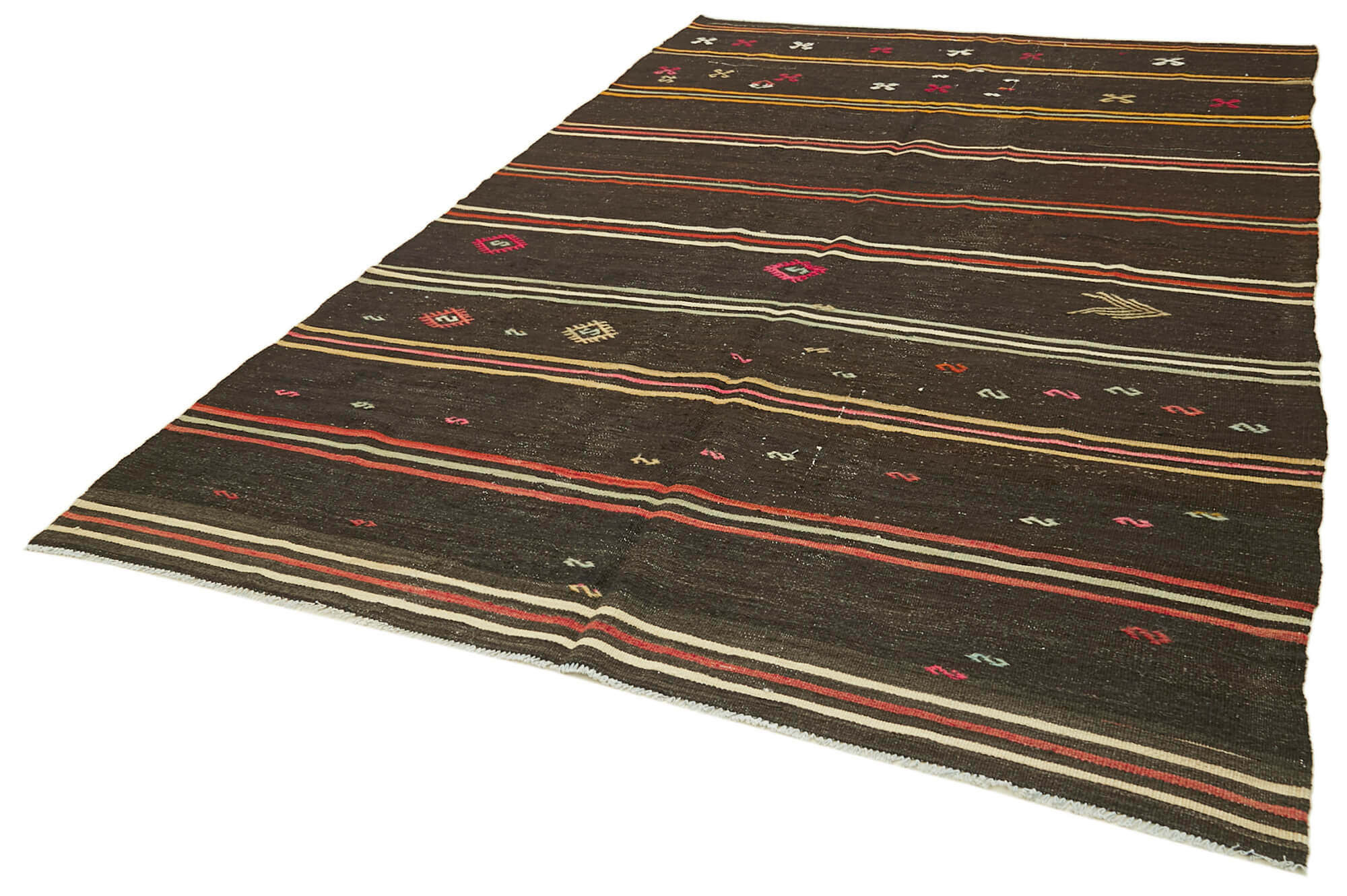 Handmade Kilim Rug – Brown Striped Area Rug 6'11''x11'4'' Flat Weave Kilim Carpet