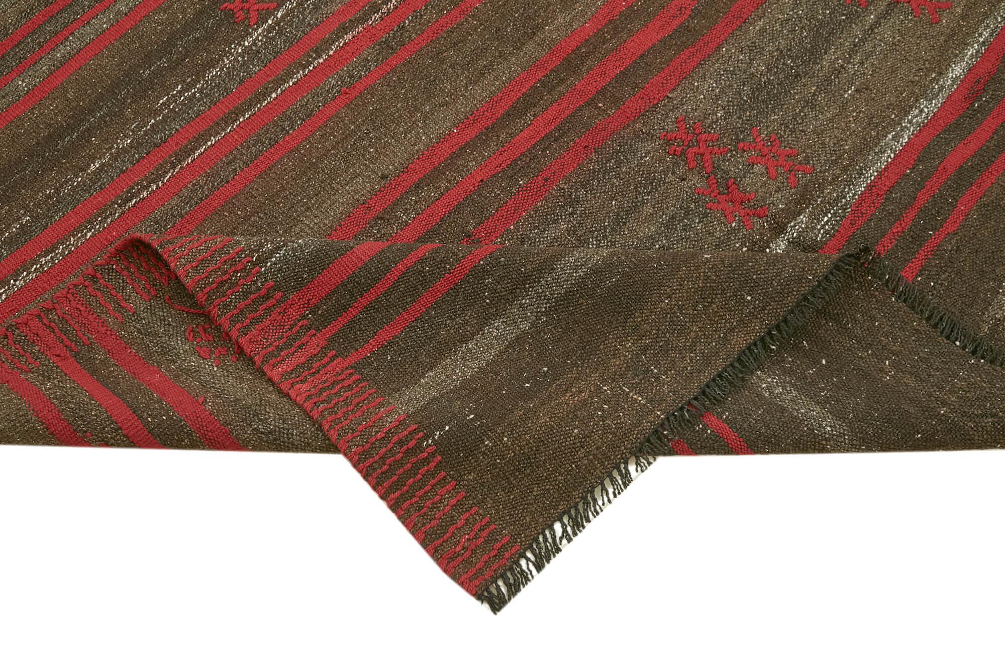 Handmade Striped Kilim Rug - Brown Goat Hair Vintage Area Rug 5'7''x8'6''