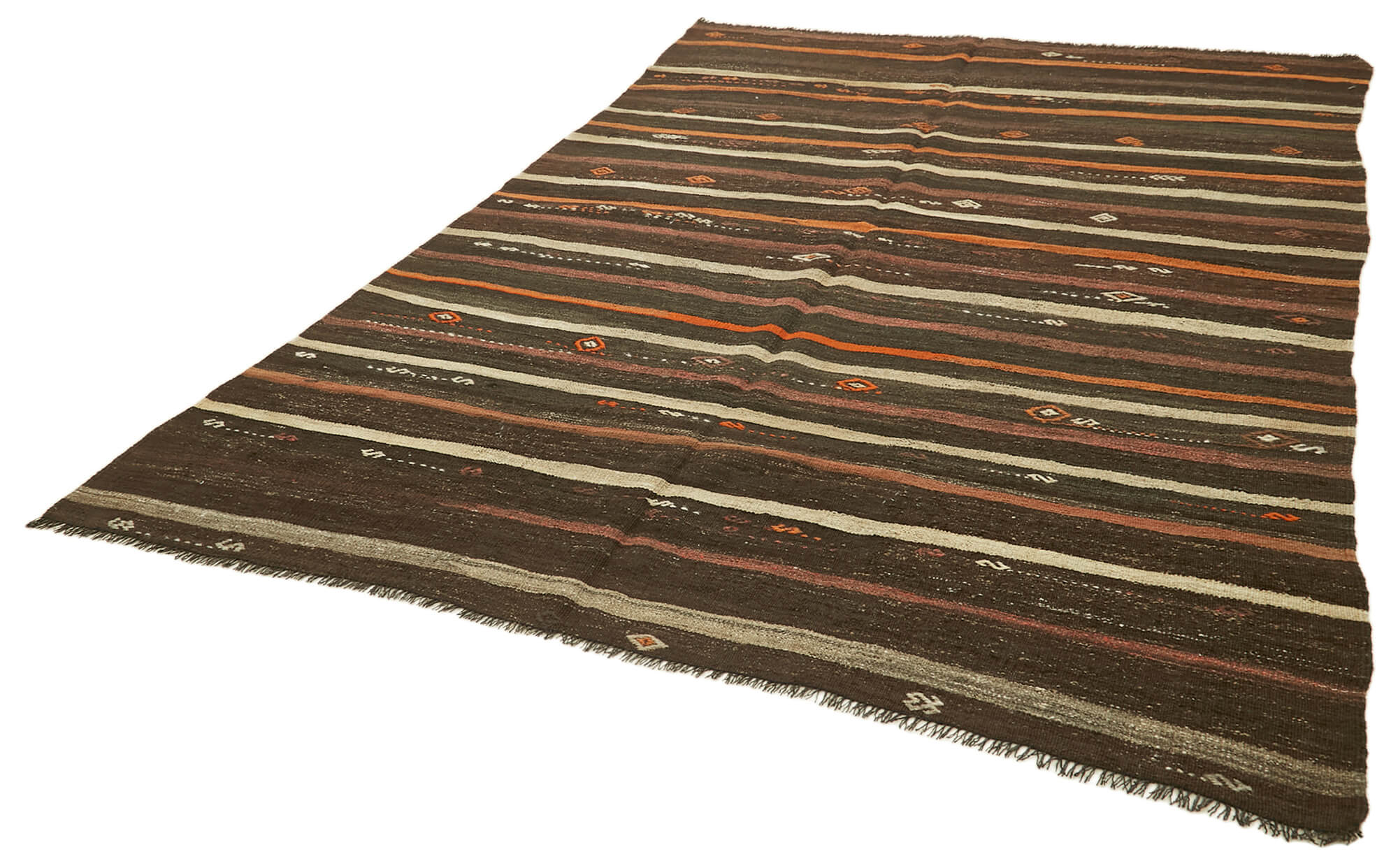 Handmade Goat Hair Rug - Striped Kilim Rug | Brown Wool Carpet 7'1''x9'7''