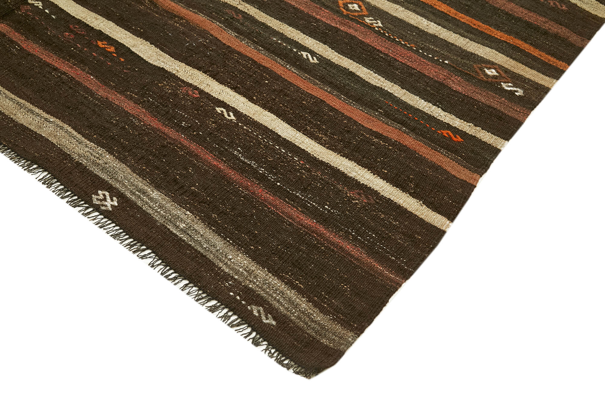 Handmade Goat Hair Rug - Striped Kilim Rug | Brown Wool Carpet 7'1''x9'7''