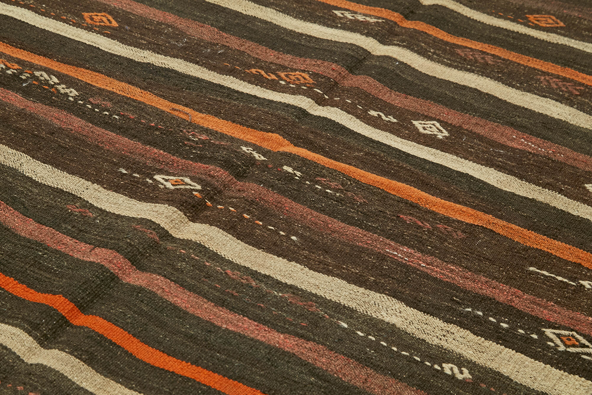 Handmade Goat Hair Rug - Striped Kilim Rug | Brown Wool Carpet 7'1''x9'7''