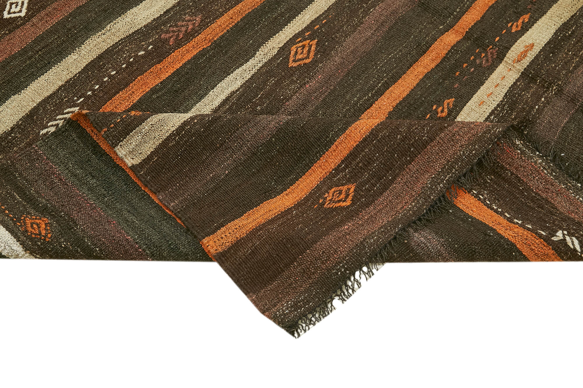 Handmade Goat Hair Rug - Striped Kilim Rug | Brown Wool Carpet 7'1''x9'7''